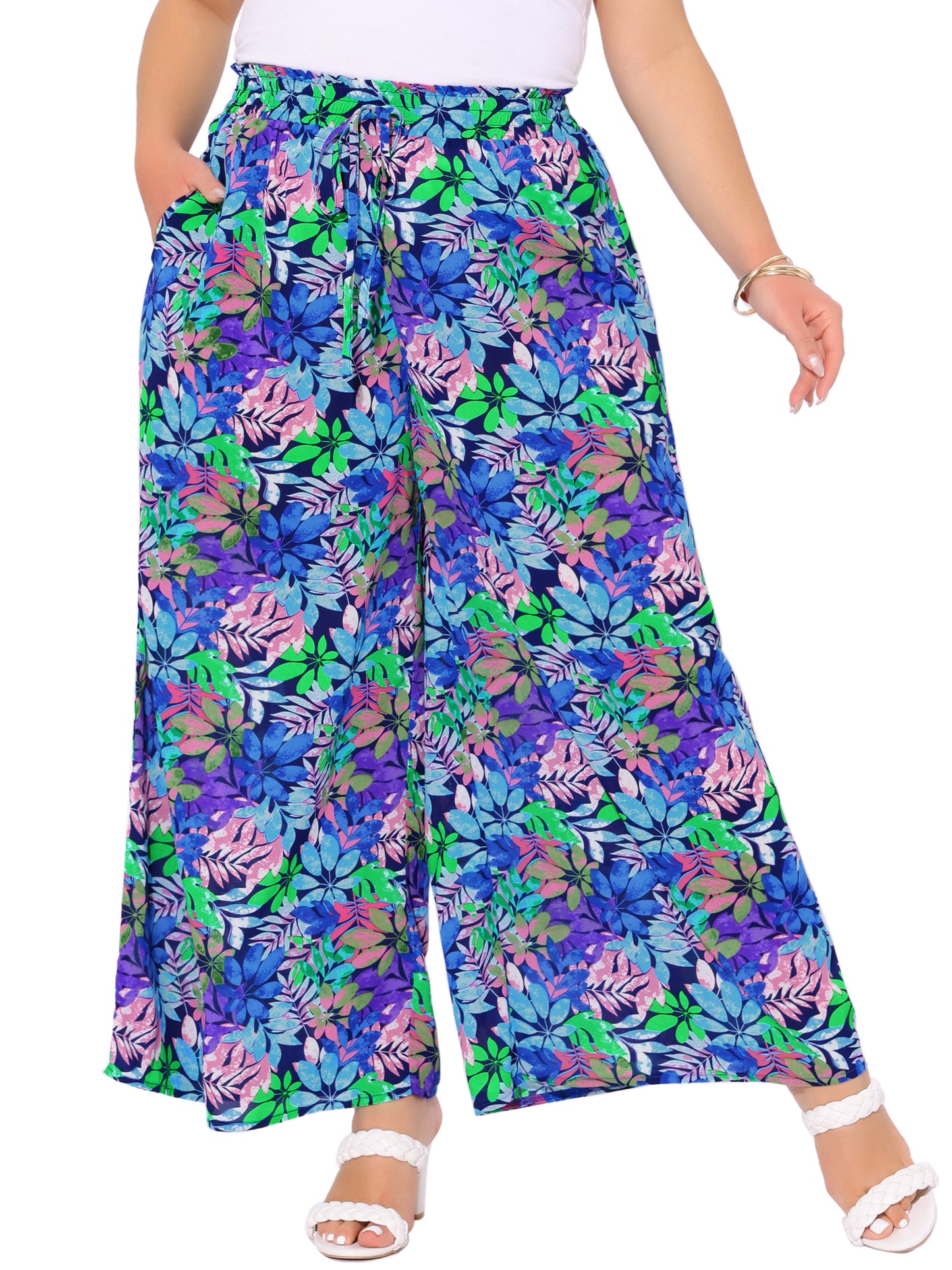 Women's Plus Size Casual Wide Leg Pants Boho Summer Floral Palazzo Pants Flowy Beach Trousers with Pocket