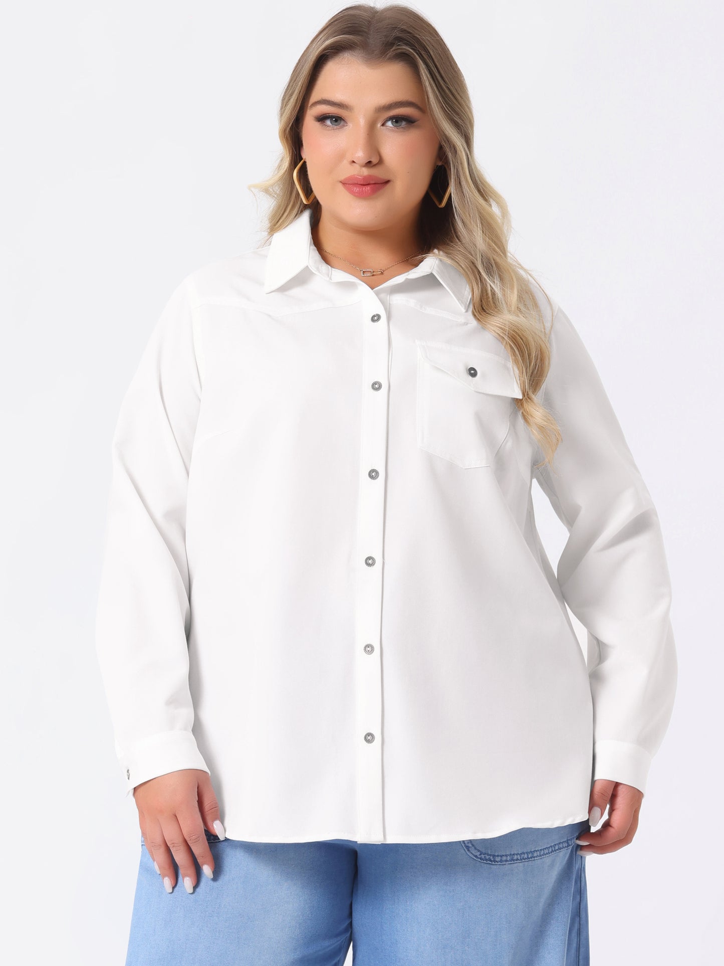 Women's Plus Size Denim Shirt Long Sleeves Chest Pocket Button Down Chambray Shirt