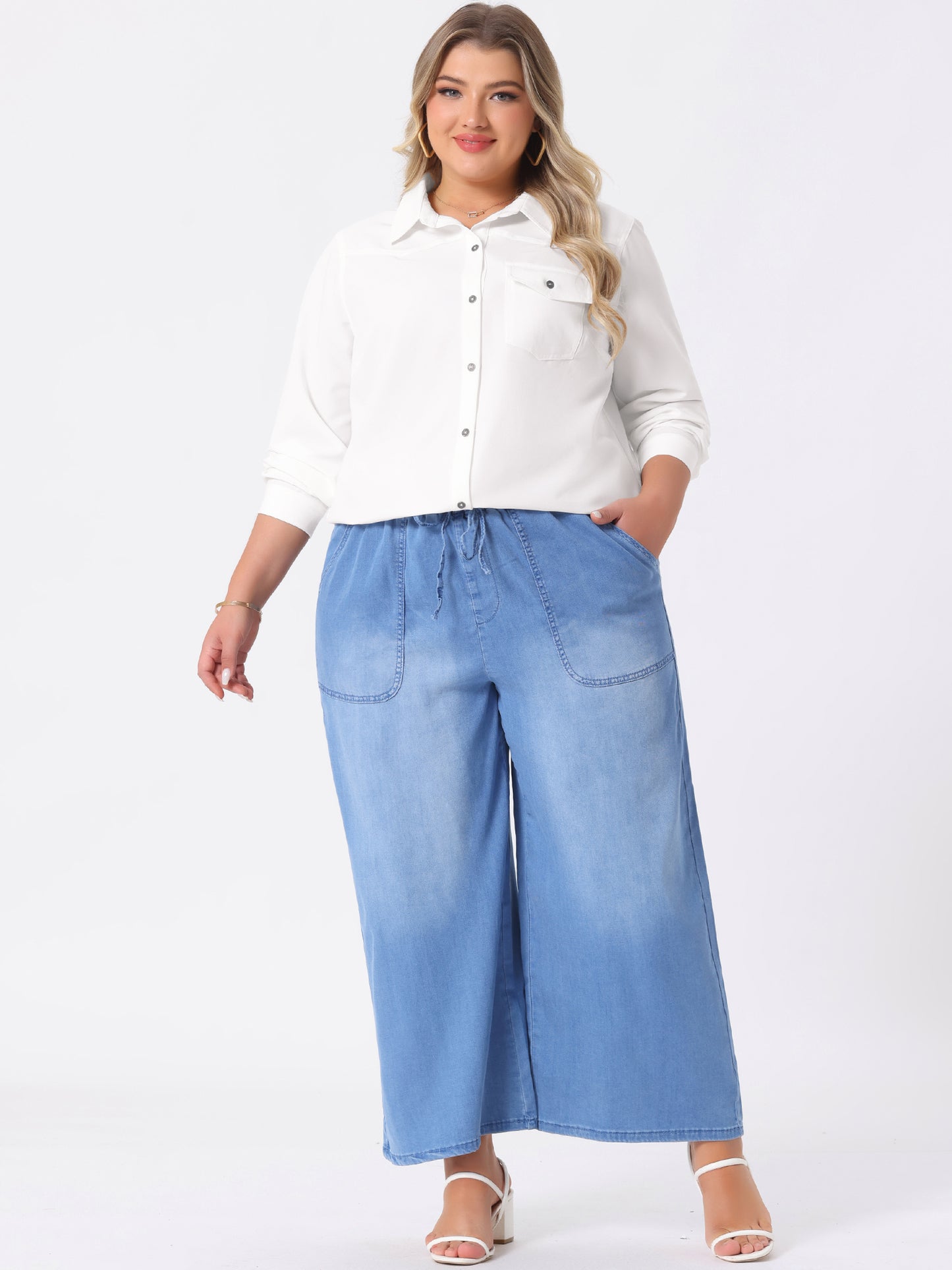 Women's Plus Size Denim Shirt Long Sleeves Chest Pocket Button Down Chambray Shirt