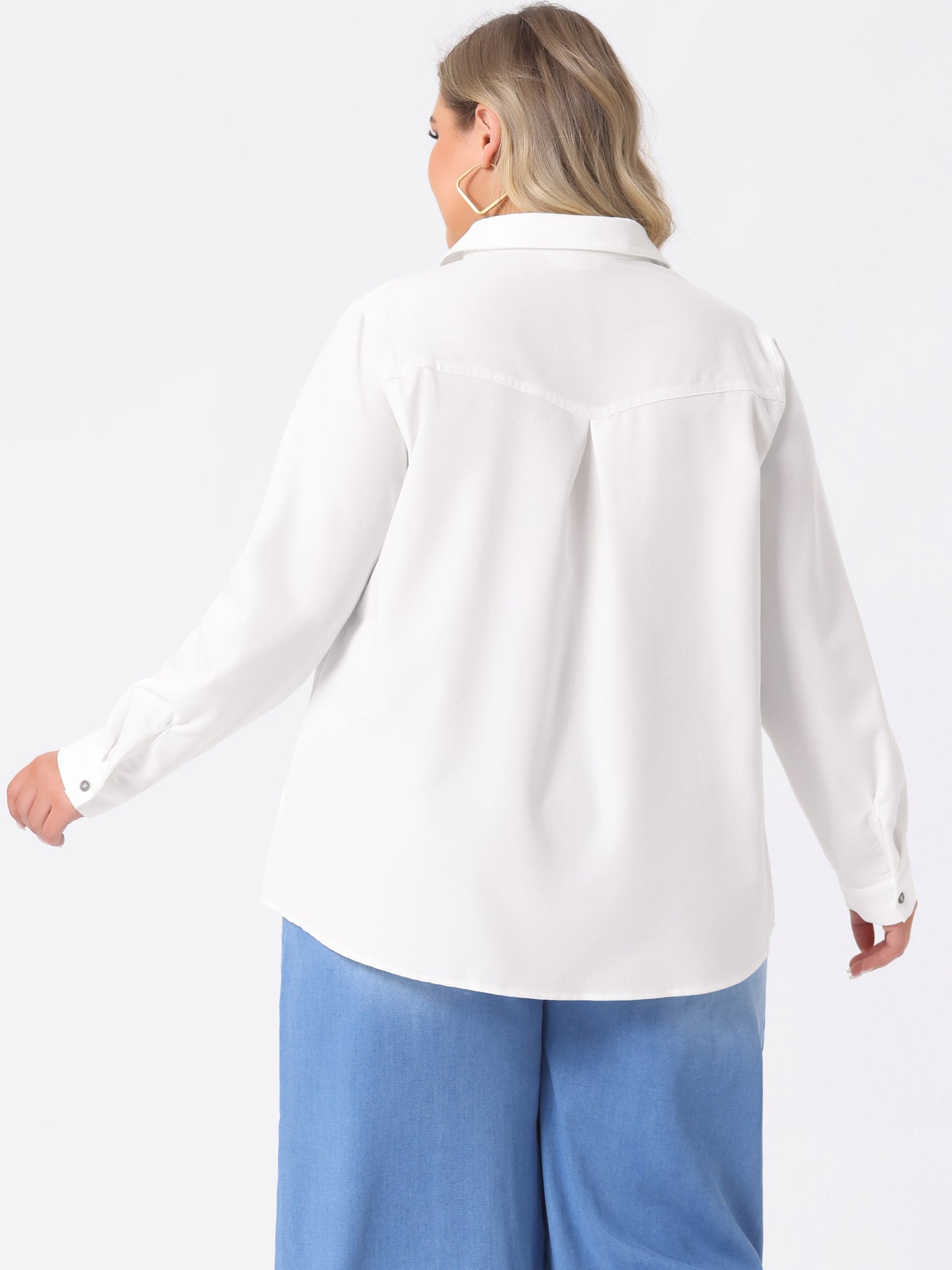 Women's Plus Size Denim Shirt Long Sleeves Chest Pocket Button Down Chambray Shirt