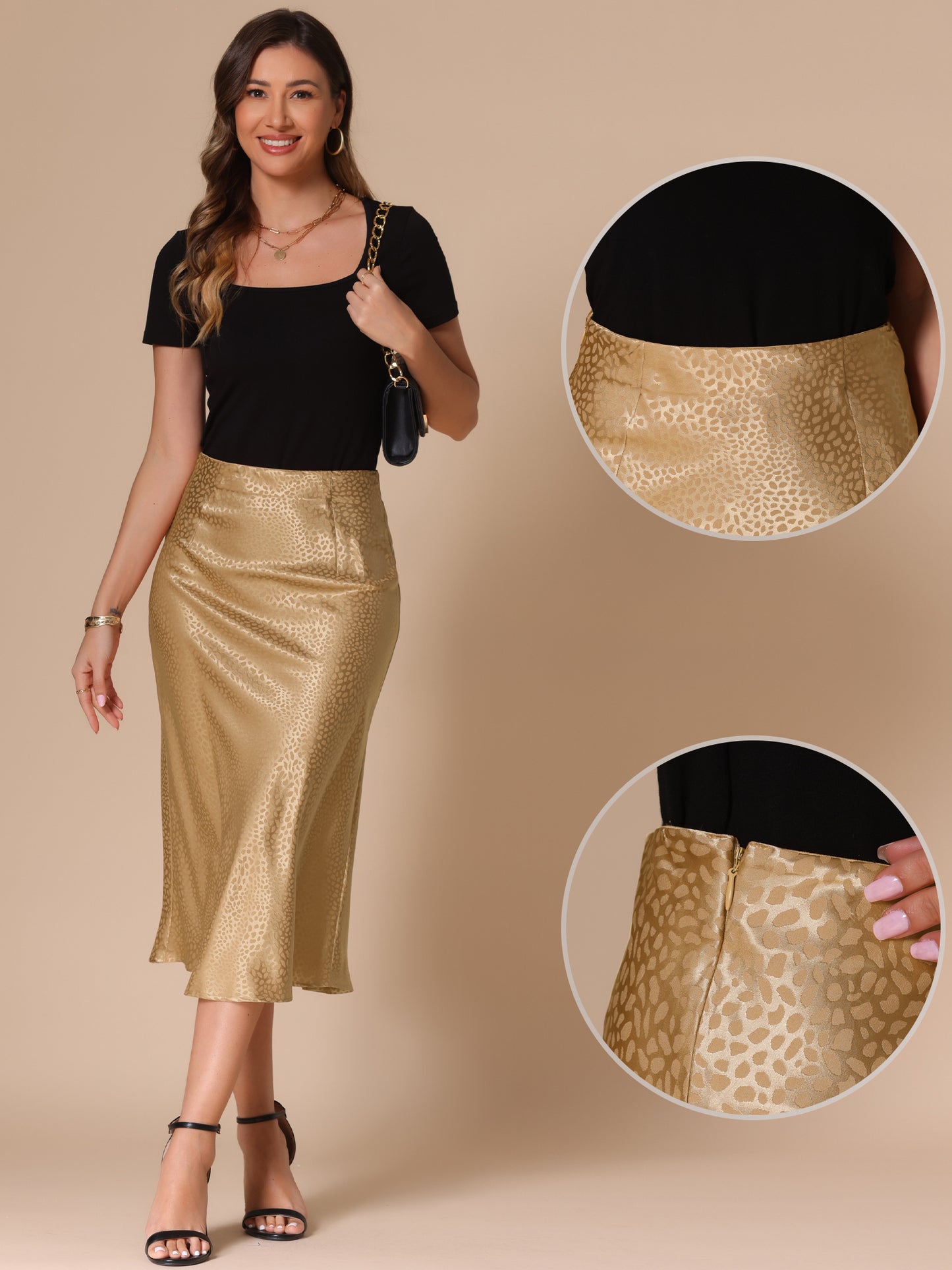 Women's Satin Printed Elastic High Waist Elegant Midi Skirt