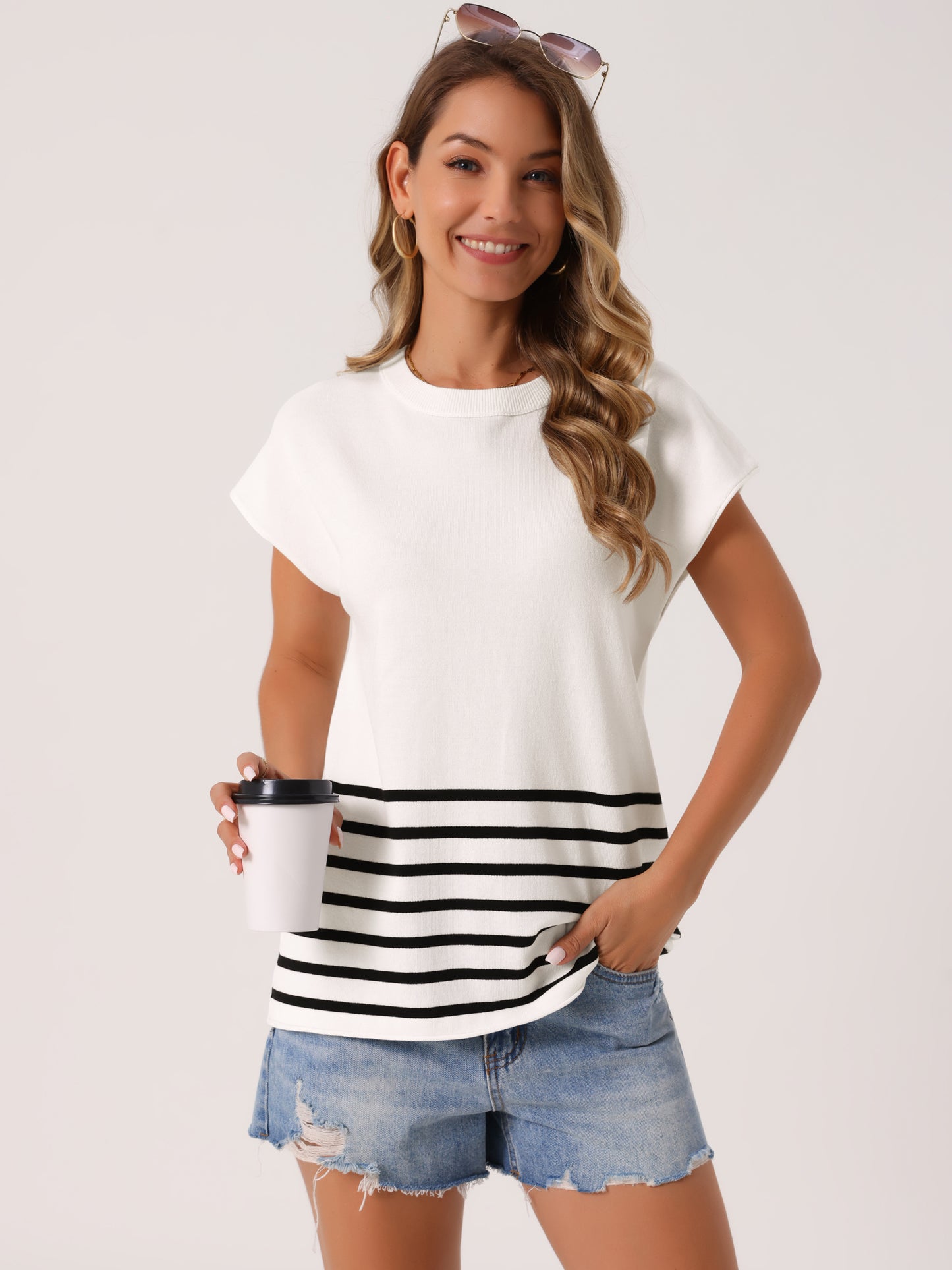 Women's Sleeveless Round Neck Striped Sweater Vest Casual Cap Sleeve Ribbed Knit Pullover Tank Top