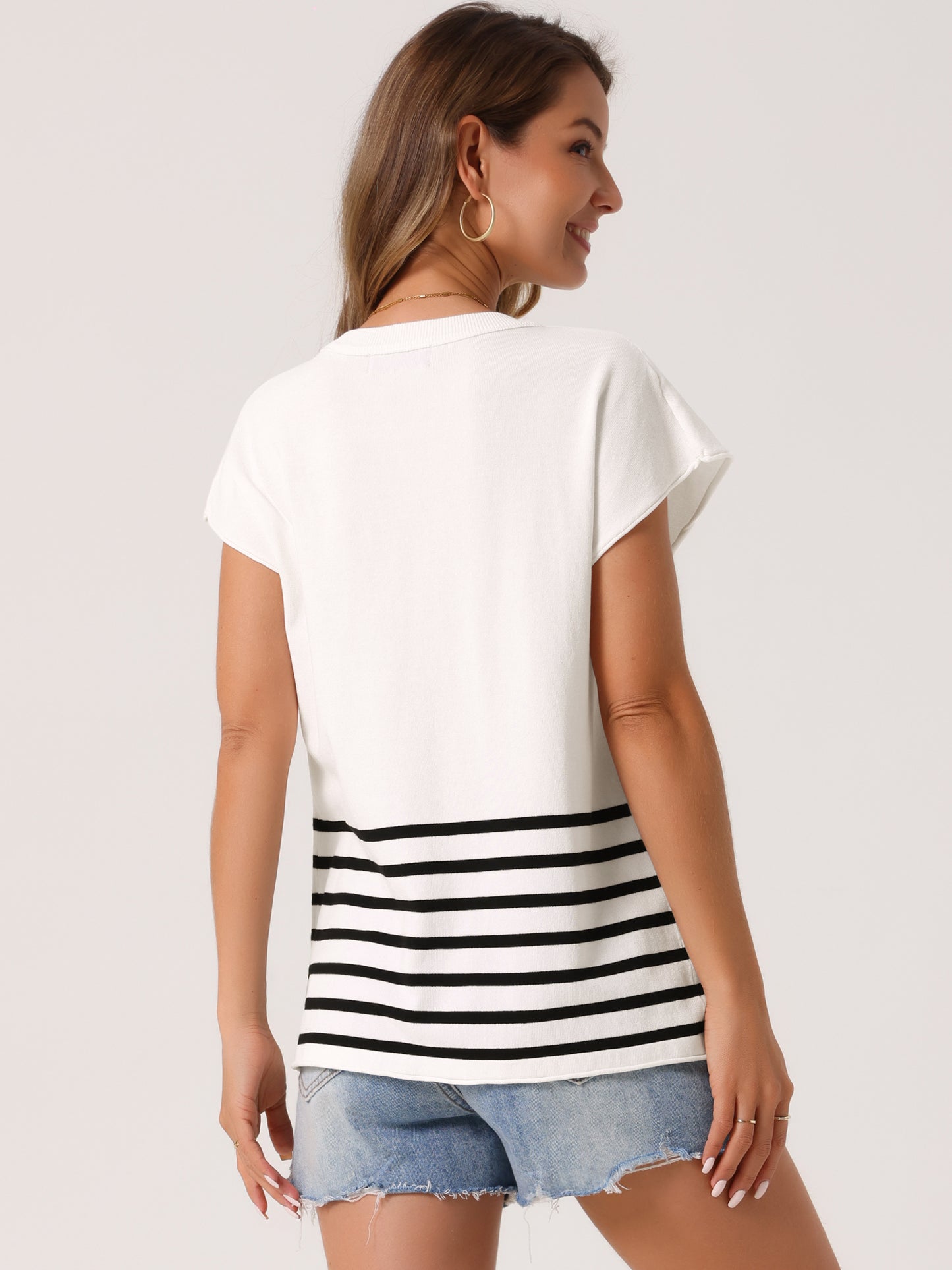 Women's Sleeveless Round Neck Striped Sweater Vest Casual Cap Sleeve Ribbed Knit Pullover Tank Top