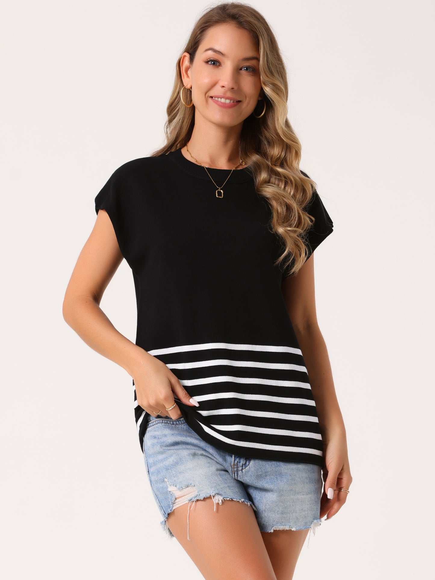 Women's Sleeveless Round Neck Striped Sweater Vest Casual Cap Sleeve Ribbed Knit Pullover Tank Top