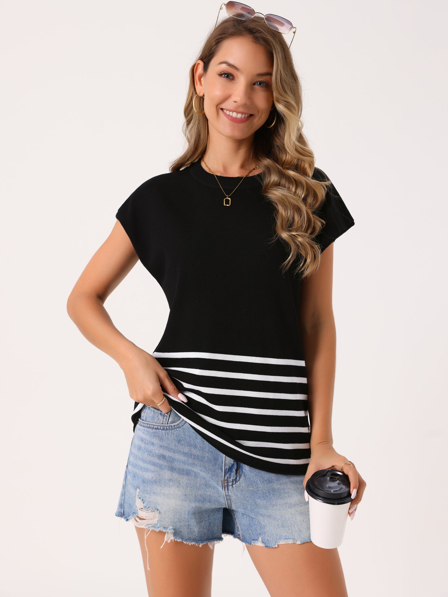 Women's Sleeveless Round Neck Striped Sweater Vest Casual Cap Sleeve Ribbed Knit Pullover Tank Top