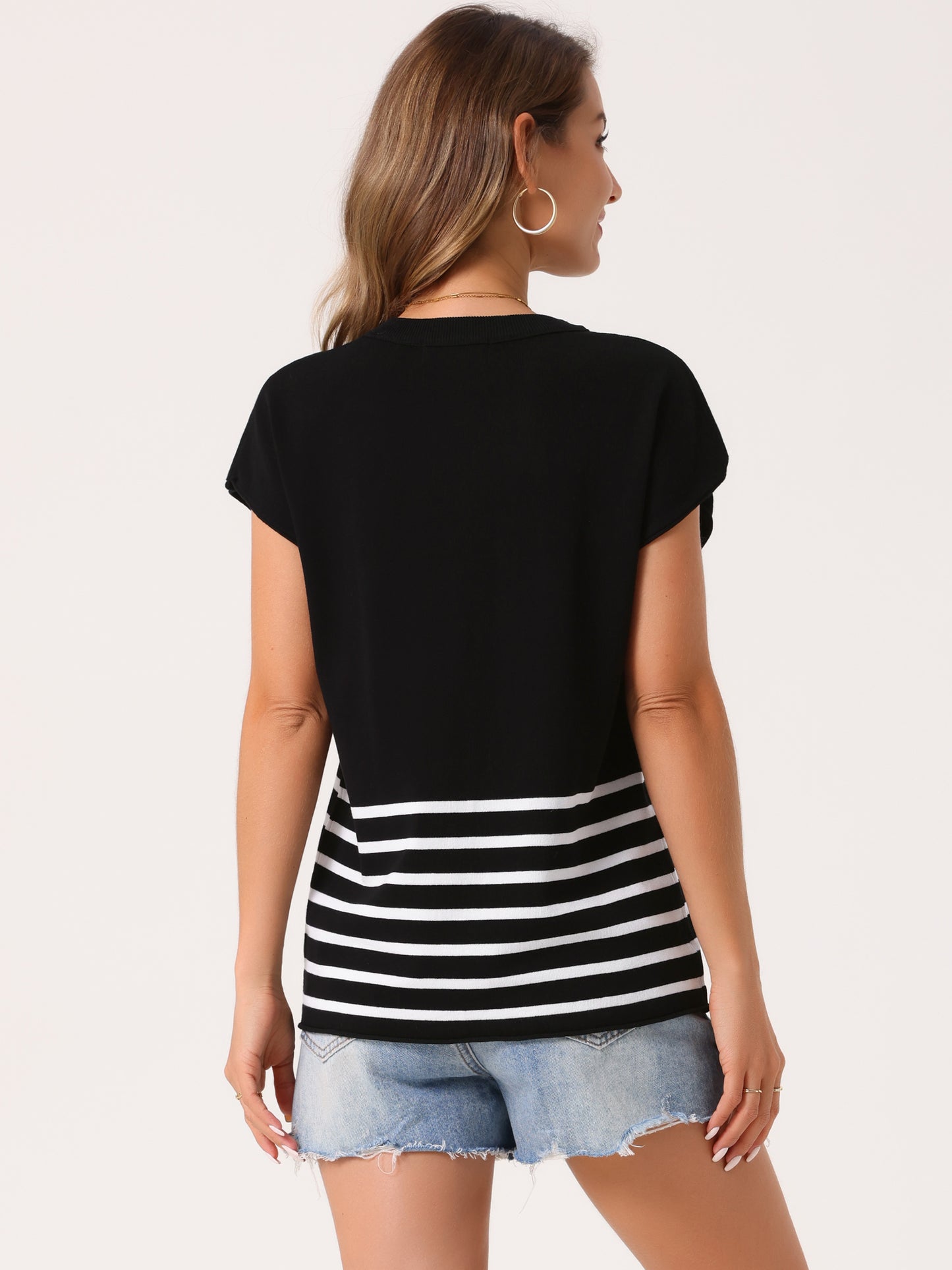 Women's Sleeveless Round Neck Striped Sweater Vest Casual Cap Sleeve Ribbed Knit Pullover Tank Top