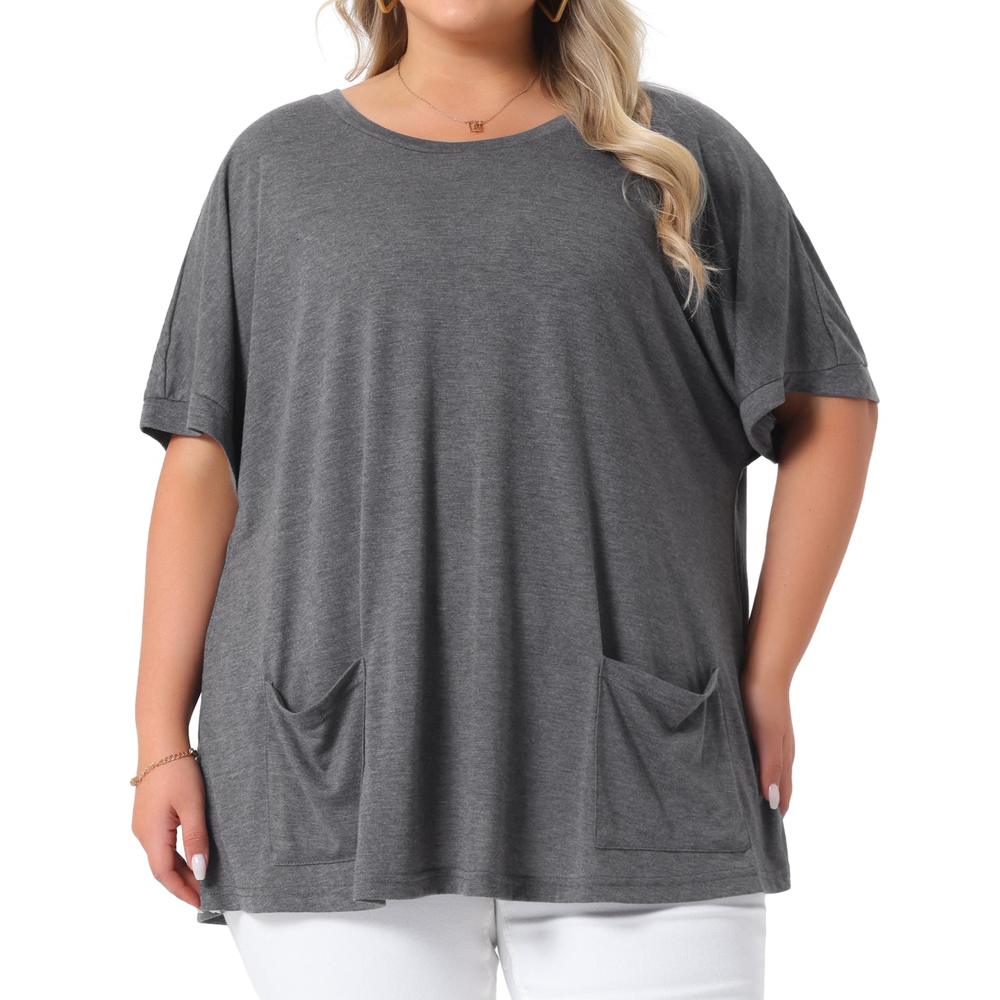 Women's Plus Size Crew Neck Short Sleeve Tops Loose Fit Casual Summer T-Shirt Tee Tops with Pocket