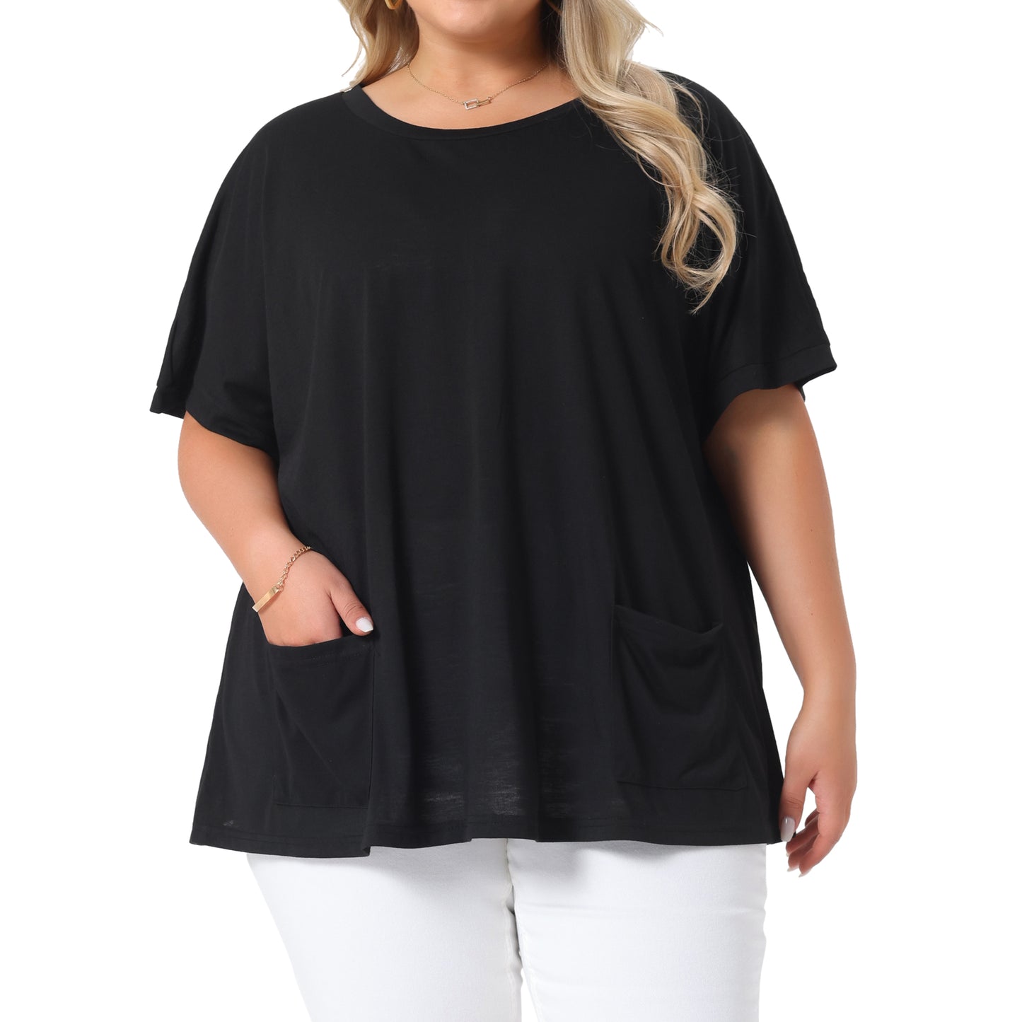 Women's Plus Size Crew Neck Short Sleeve Tops Loose Fit Casual Summer T-Shirt Tee Tops with Pocket