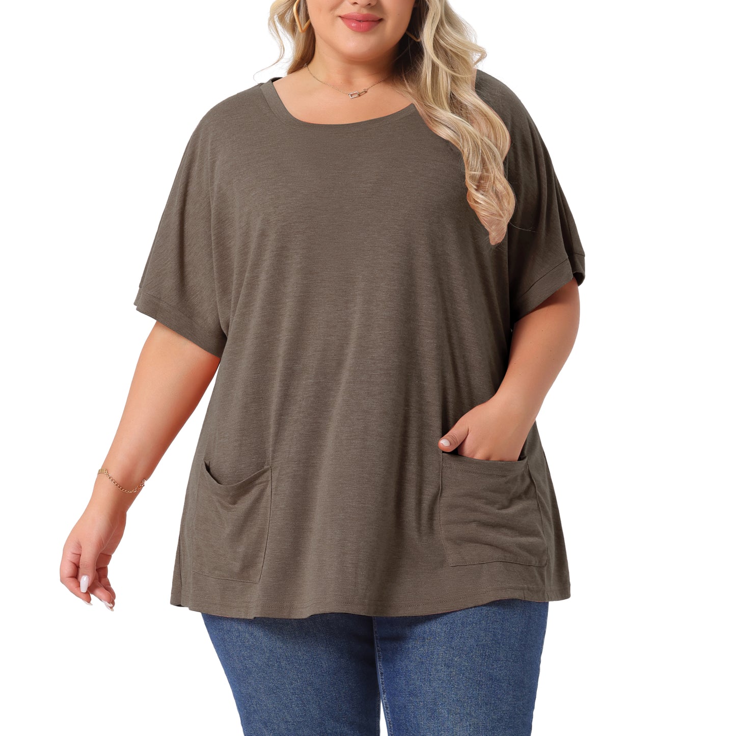 Women's Plus Size Crew Neck Short Sleeve Tops Loose Fit Casual Summer T-Shirt Tee Tops with Pocket