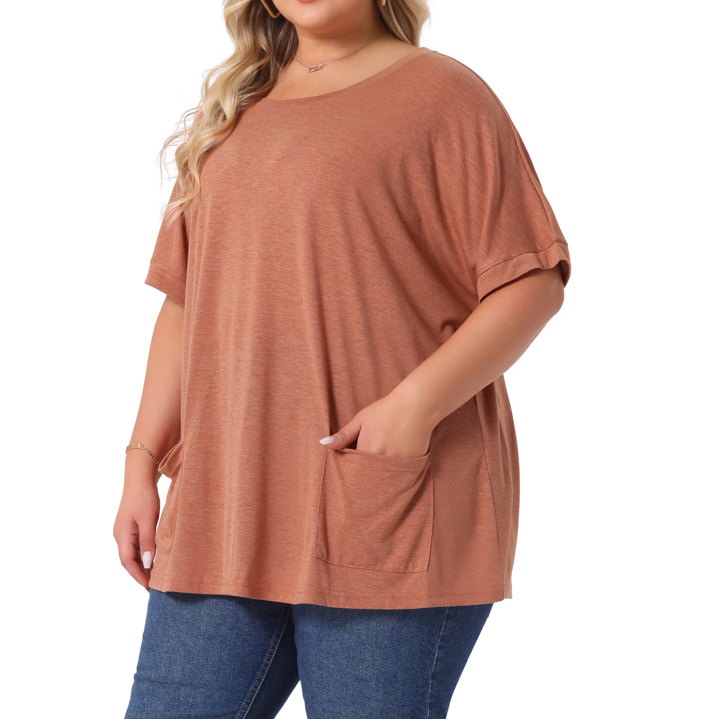 Women's Plus Size Crew Neck Short Sleeve Tops Loose Fit Casual Summer T-Shirt Tee Tops with Pocket
