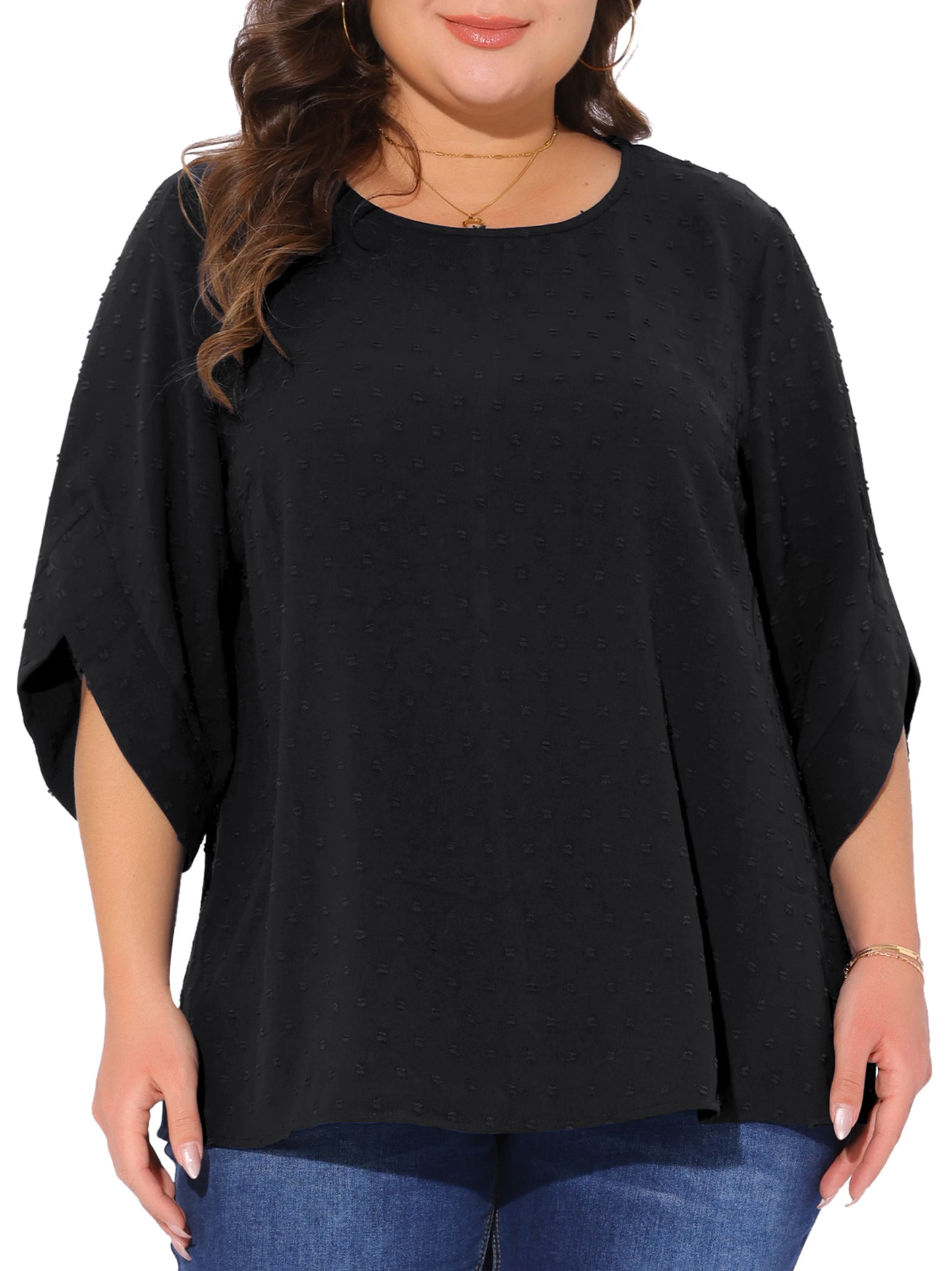Women Plus Size Round Neck Petal Sleeve Swiss Dots Blouse Casual Summer Top