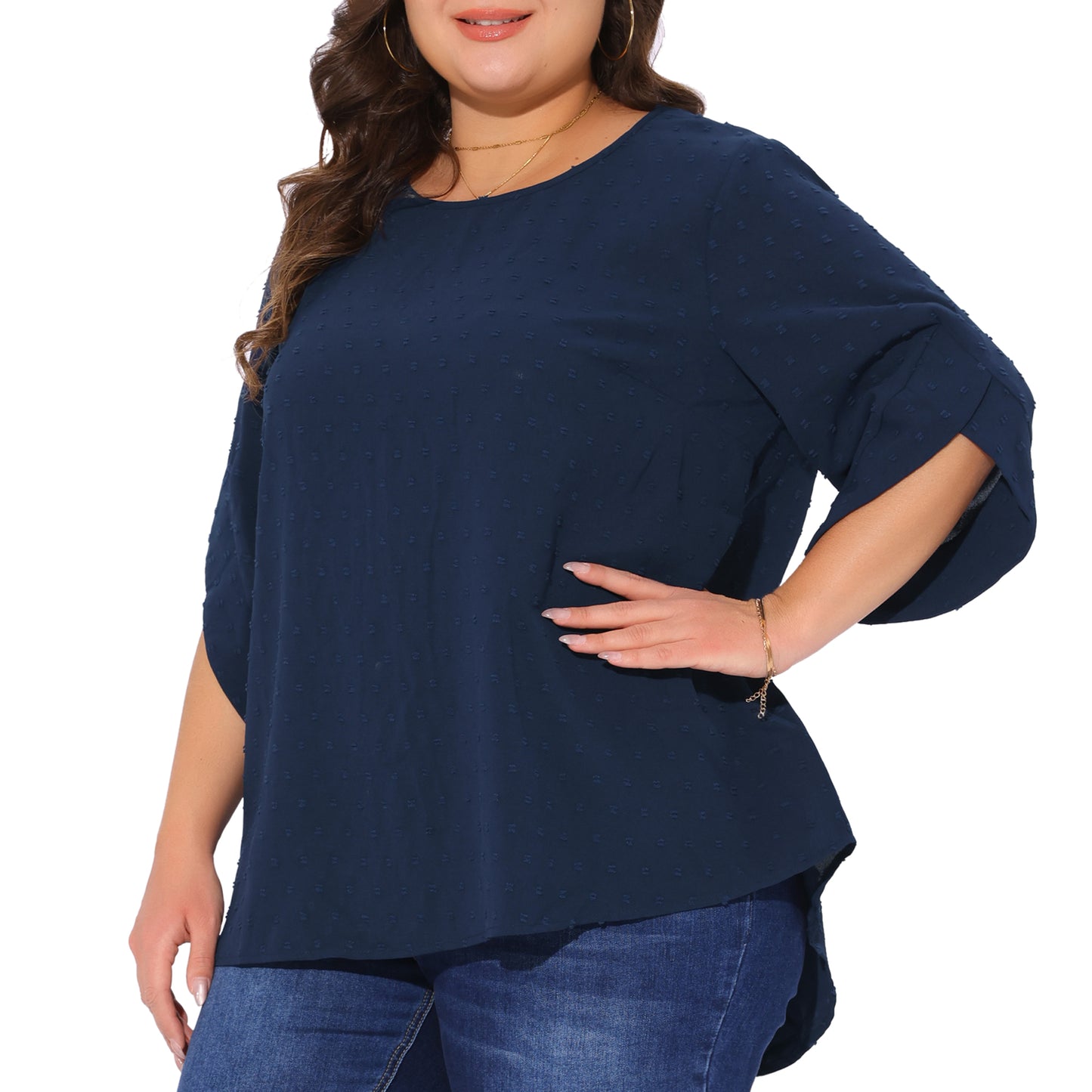 Women Plus Size Round Neck Petal Sleeve Swiss Dots Blouse Casual Summer Top