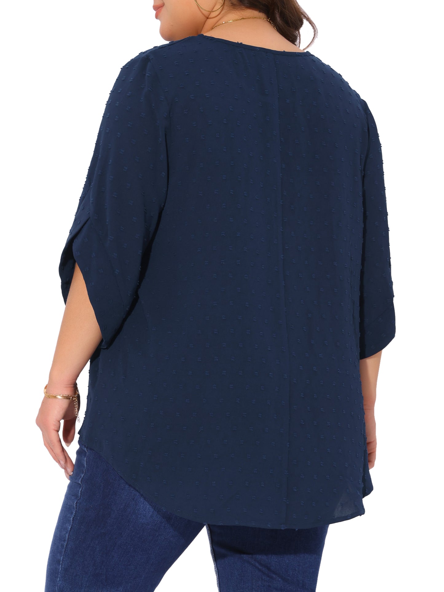 Women Plus Size Round Neck Petal Sleeve Swiss Dots Blouse Casual Summer Top