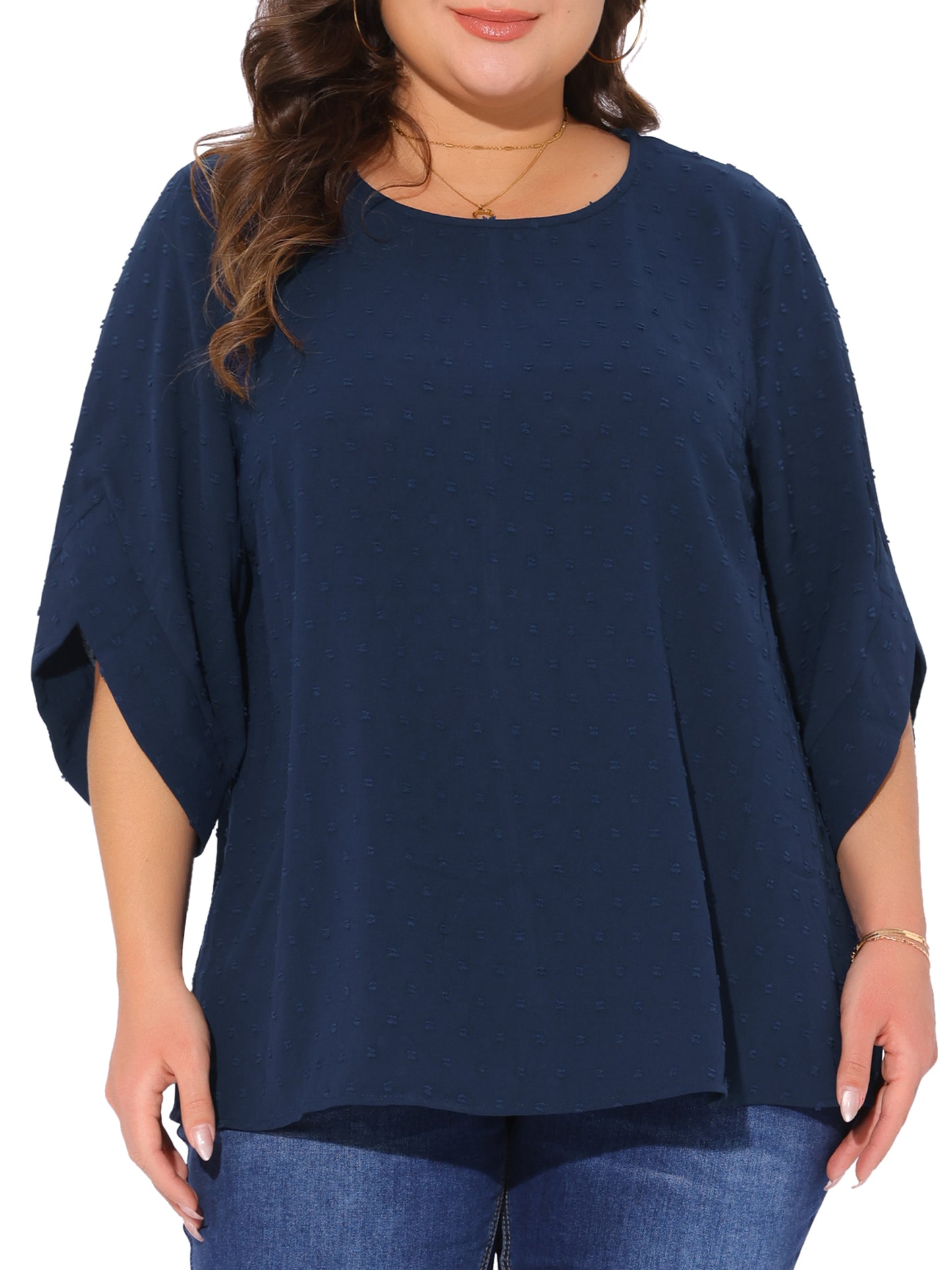Women Plus Size Round Neck Petal Sleeve Swiss Dots Blouse Casual Summer Top