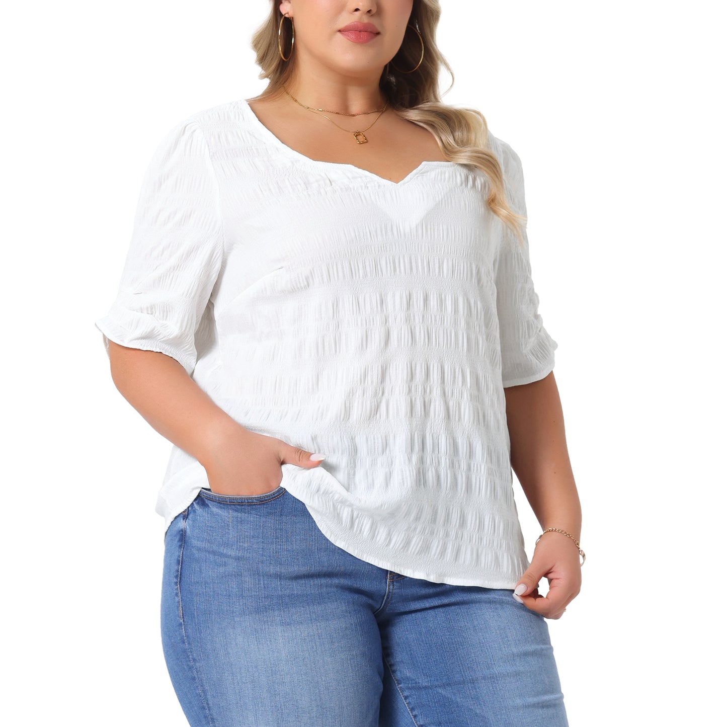 Women Plus Size Top Textured Notched V Neck Short Sleeve Summer Blouse