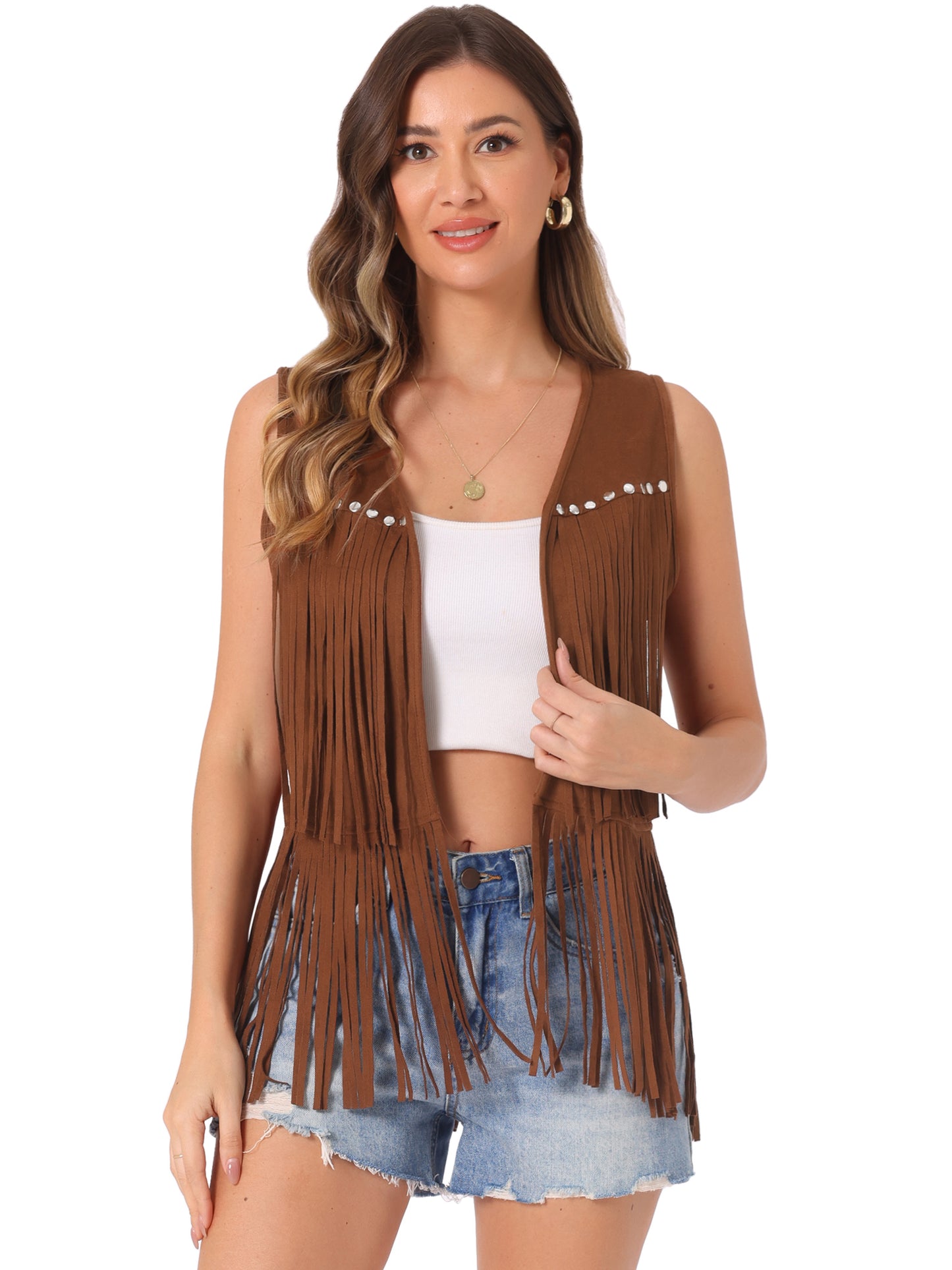 Women's Open Front Vintage Faux Suede Tassel Fringe Vest