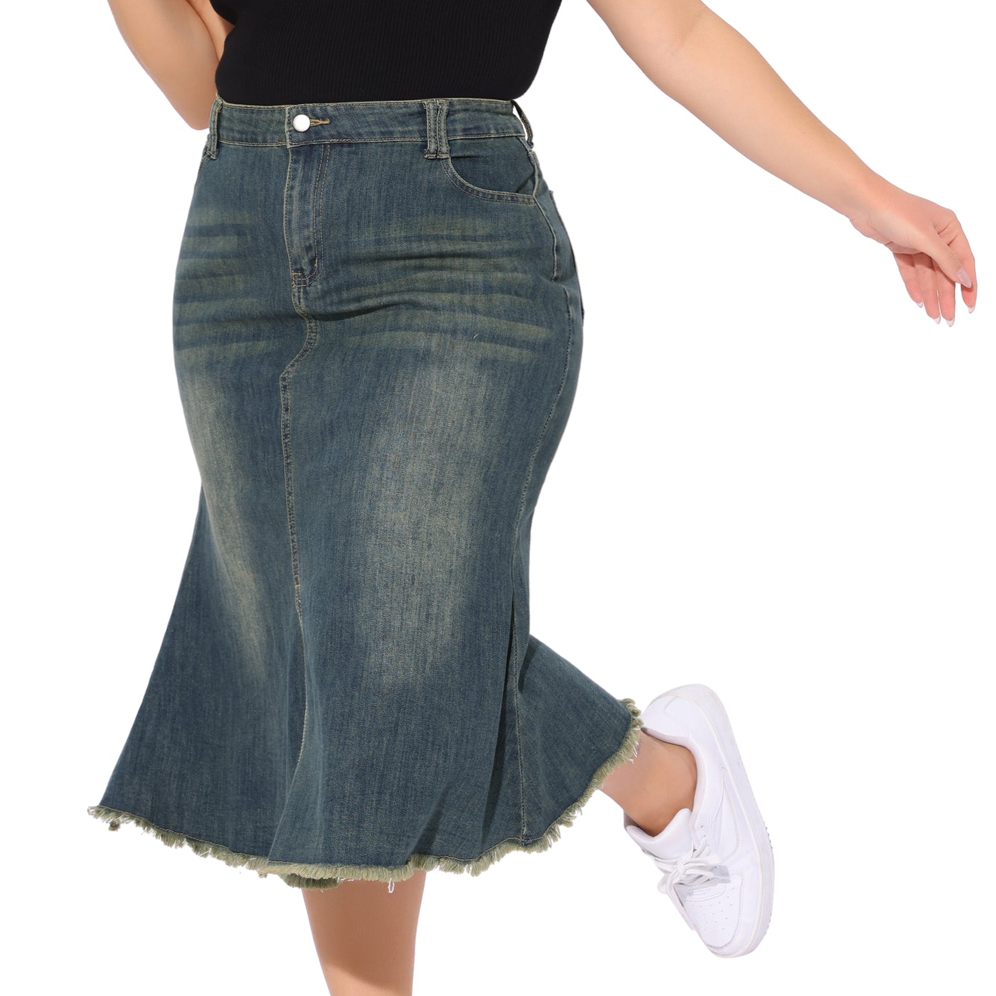 Women's Plus Size Denim Skirts Vintage High Waist A Line Fishtail Midi Jean Skirt with Pockets