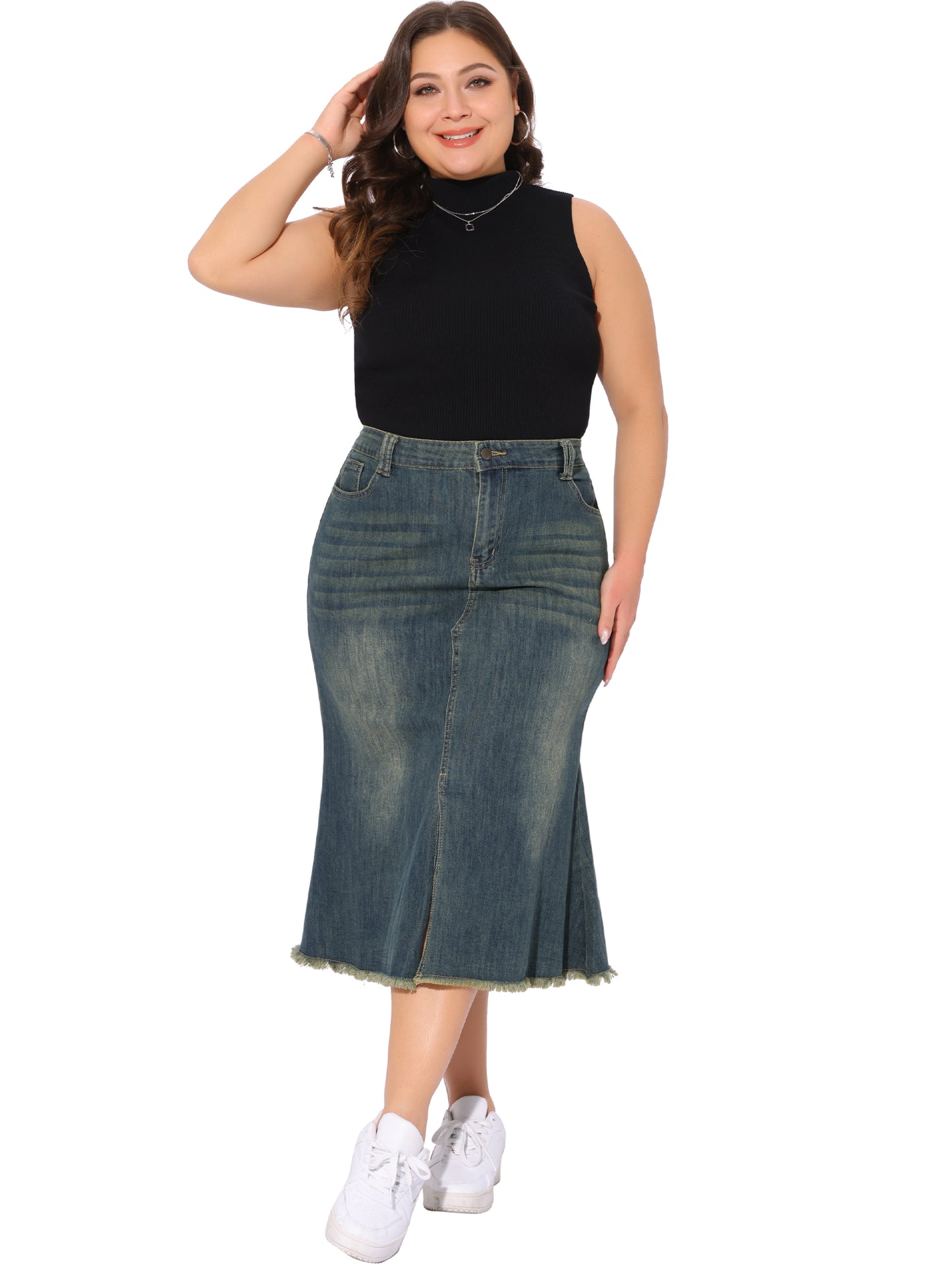 Women's Plus Size Denim Skirts Vintage High Waist A Line Fishtail Midi Jean Skirt with Pockets