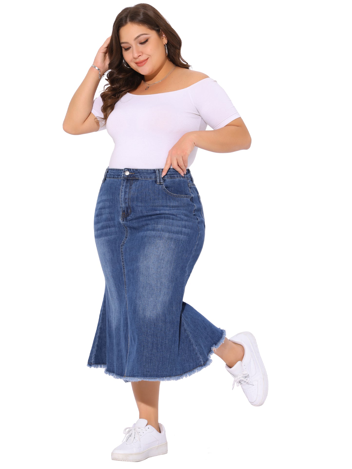 Women's Plus Size Denim Skirts Vintage High Waist A Line Fishtail Midi Jean Skirt with Pockets