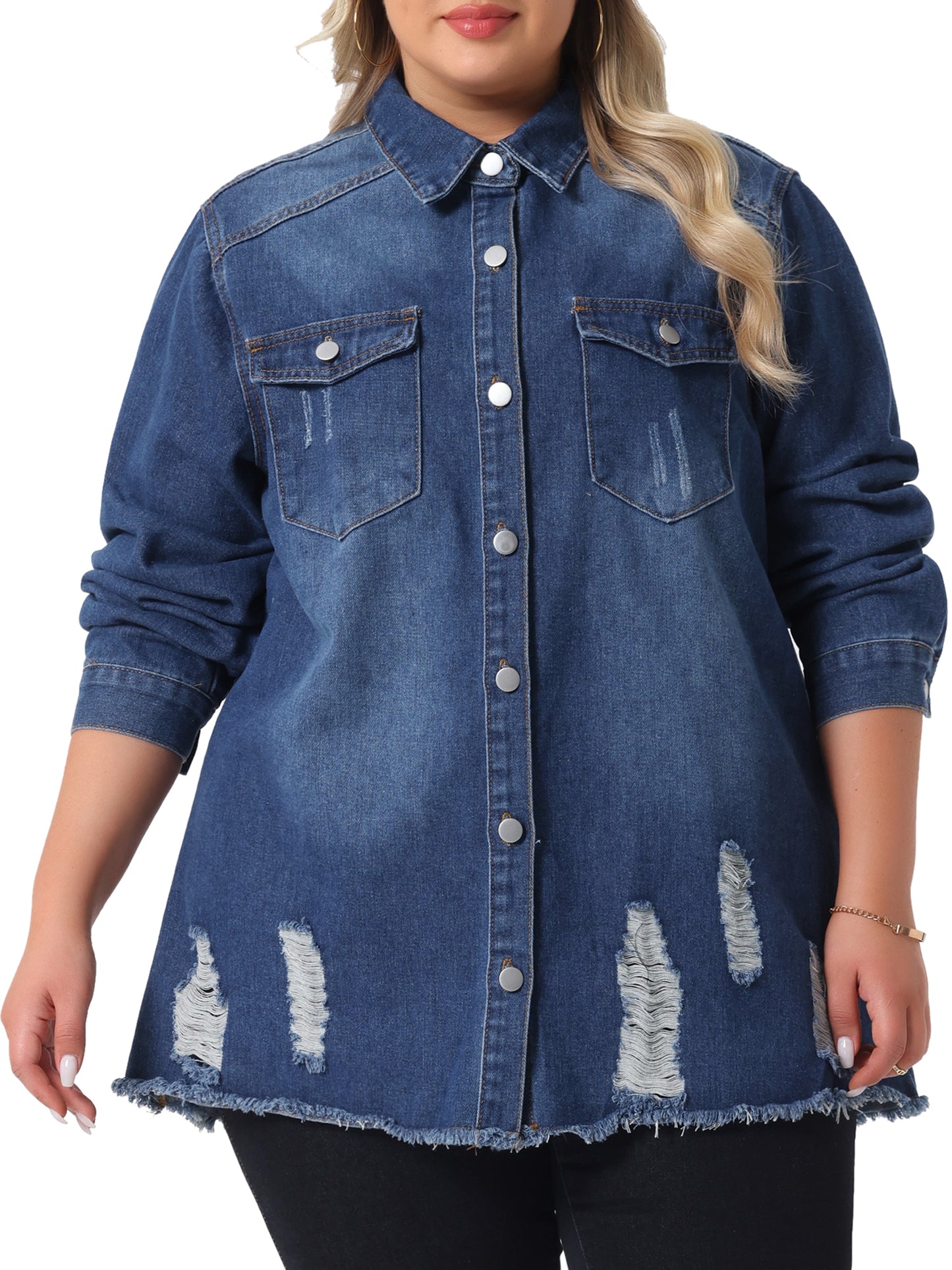 Women's Plus Size Button Denim Jackets Casual Long Relaxed Long Sleeve Shirt Jean Jacket
