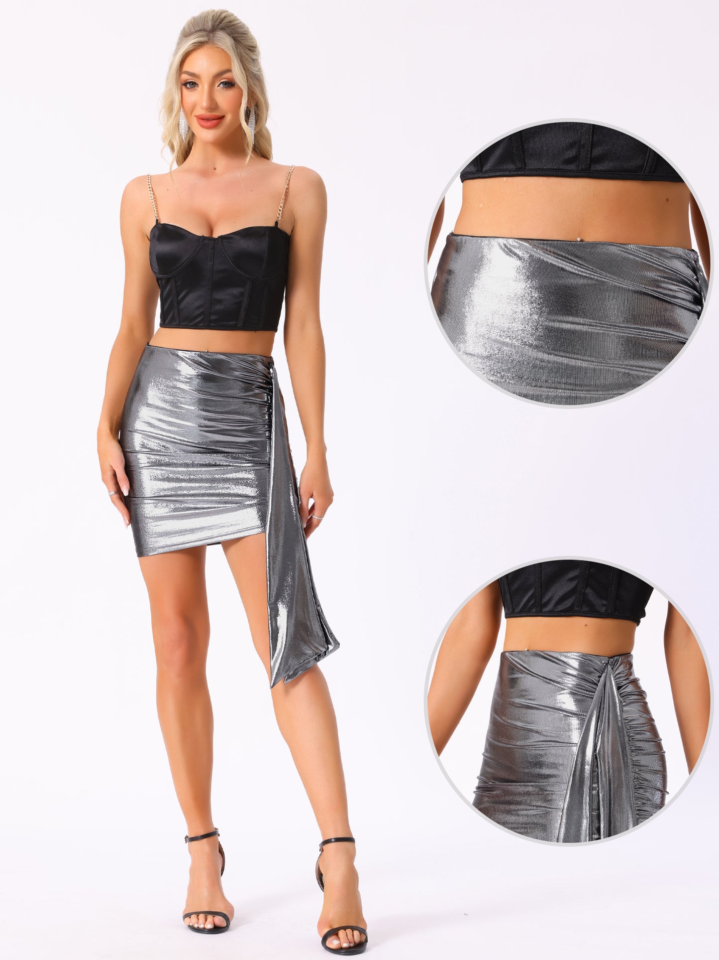Women's Metallic High Waist Asymmetric Tie Ruched Party Mini Bodycon Skirt