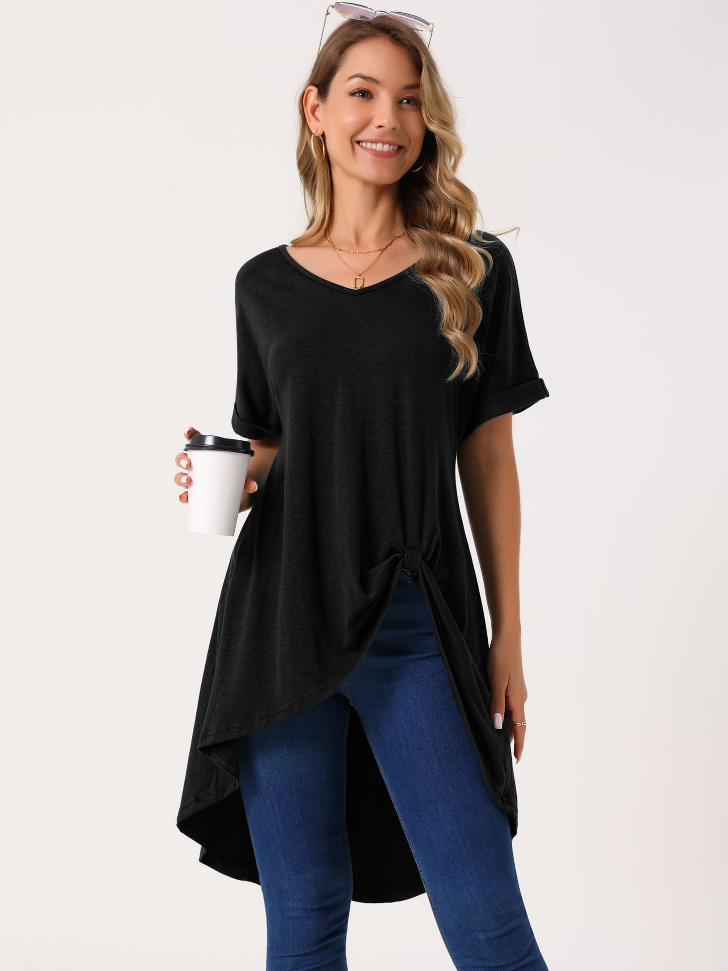 Women's Short Sleeve High Low Tops Waist Knot Asymmetrical Top V Neck Dressy Casual Blouse