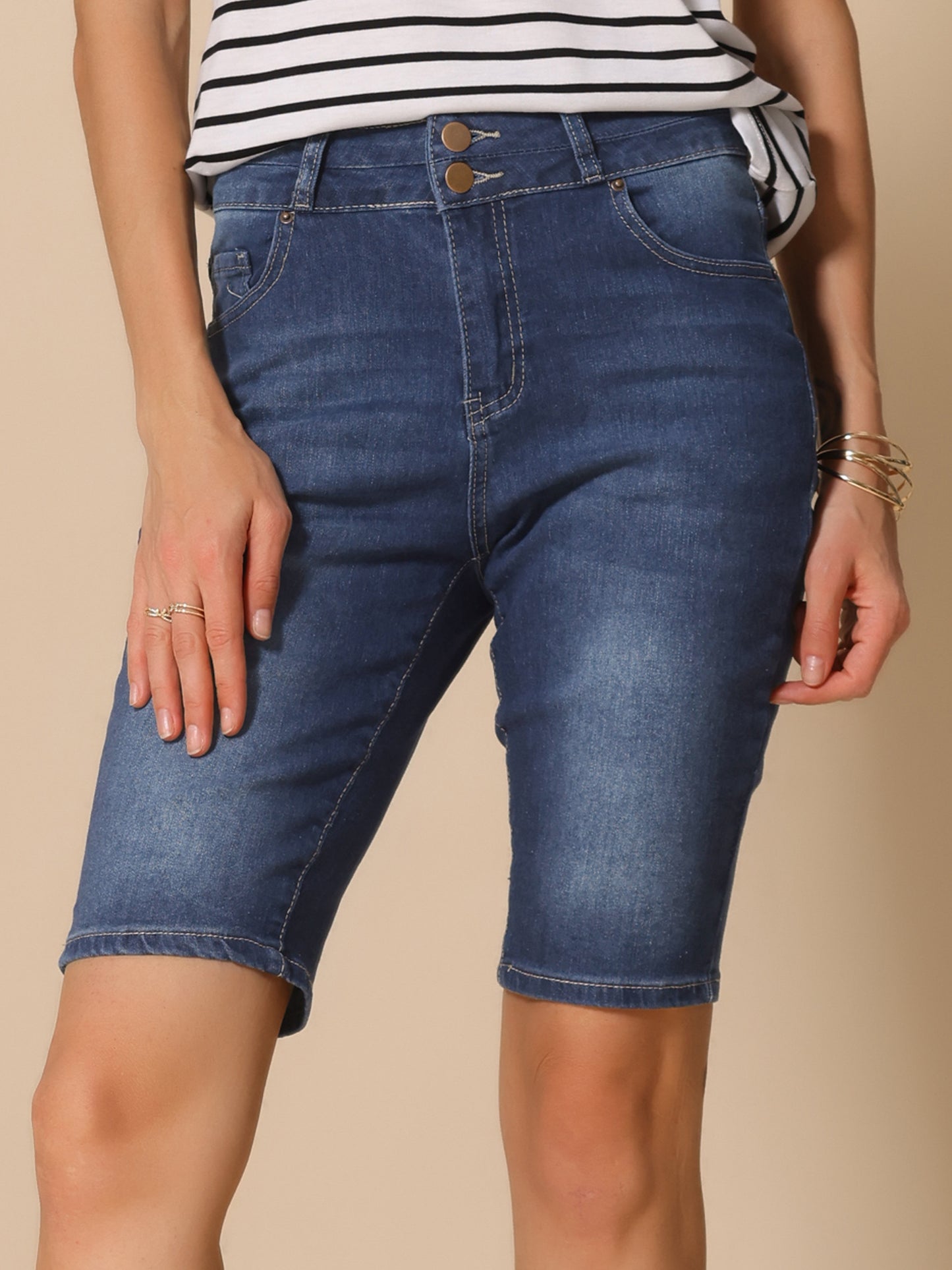 Women's Roll Cuff Button Down Denim Pants with Pockets Causal Shorts Jeans