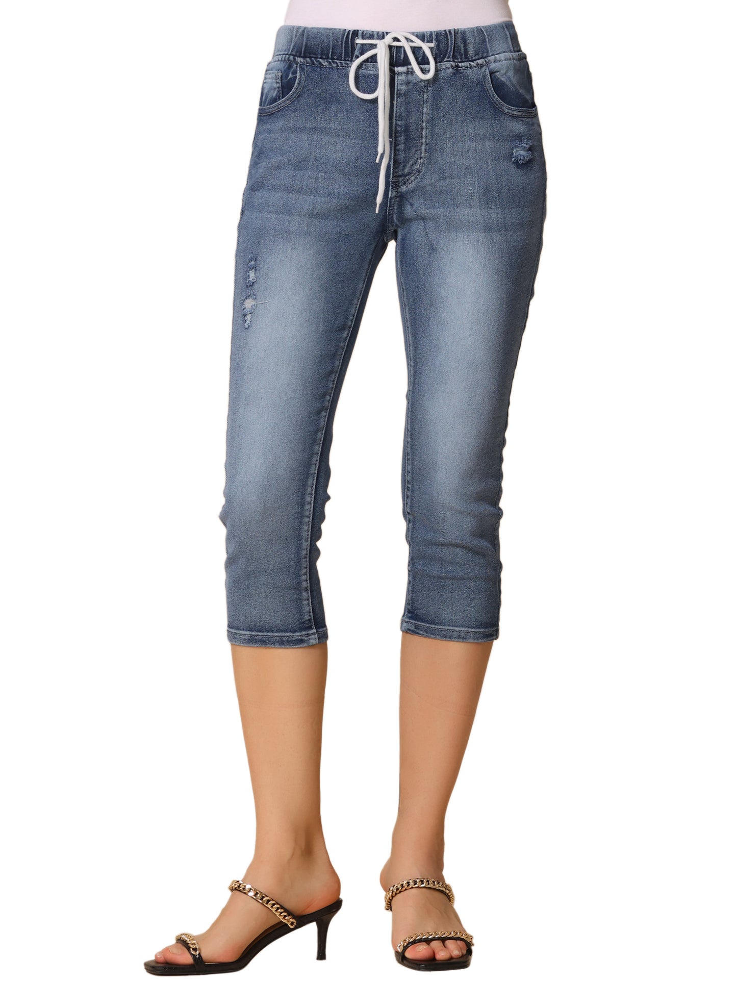 Pantalones capri de mezclilla para mujer, vaqueros ajustados con cintura elástica y cordón desgastado