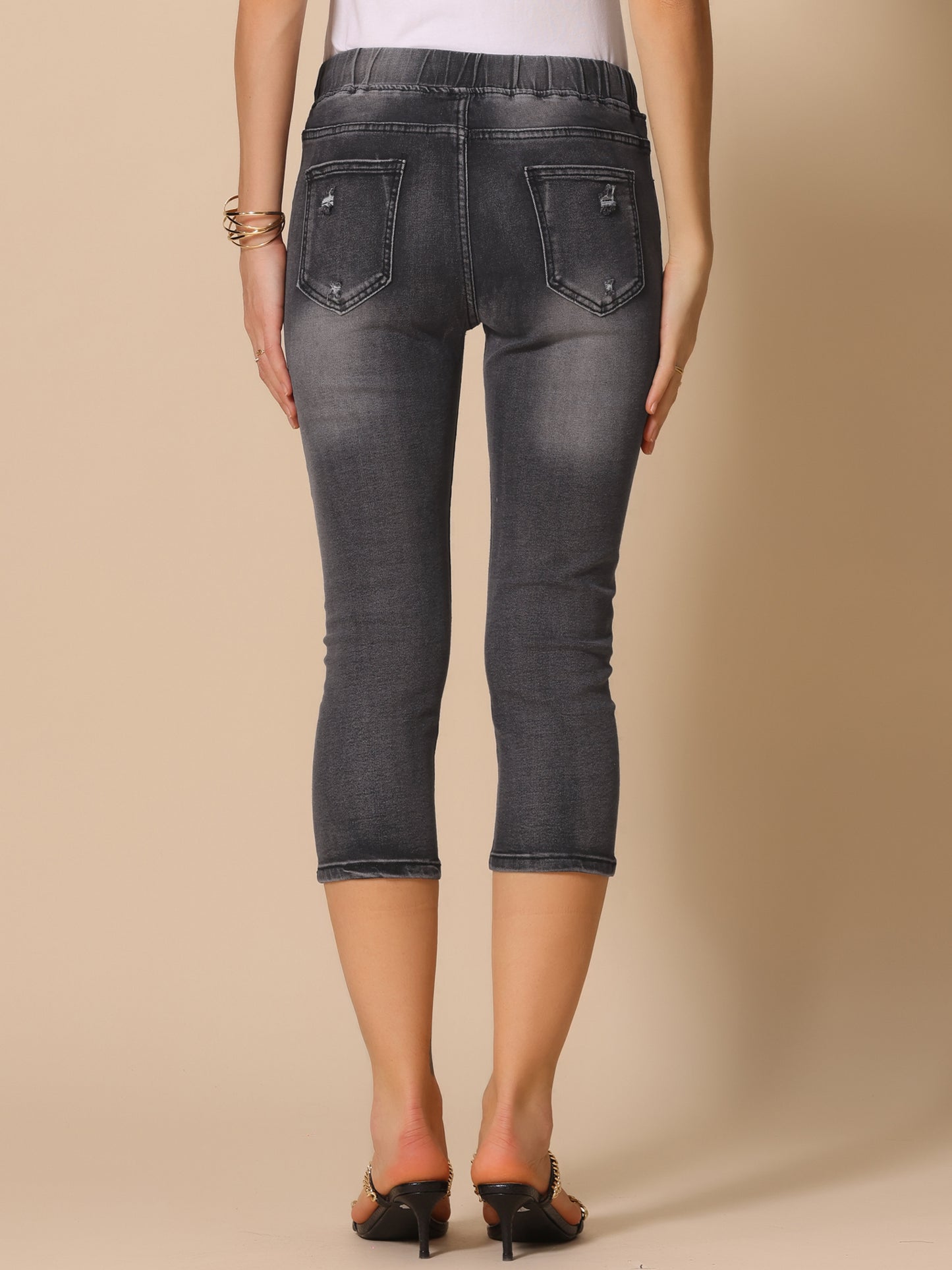 Pantalones capri de mezclilla para mujer, vaqueros ajustados con cintura elástica y cordón desgastado
