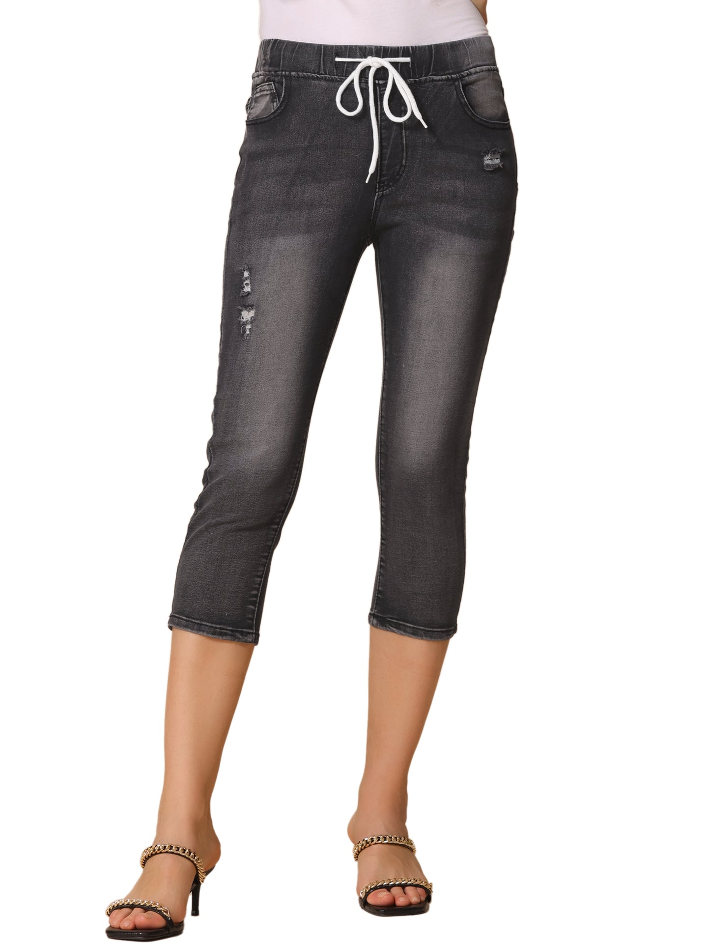 Pantalones capri de mezclilla para mujer, vaqueros ajustados con cintura elástica y cordón desgastado
