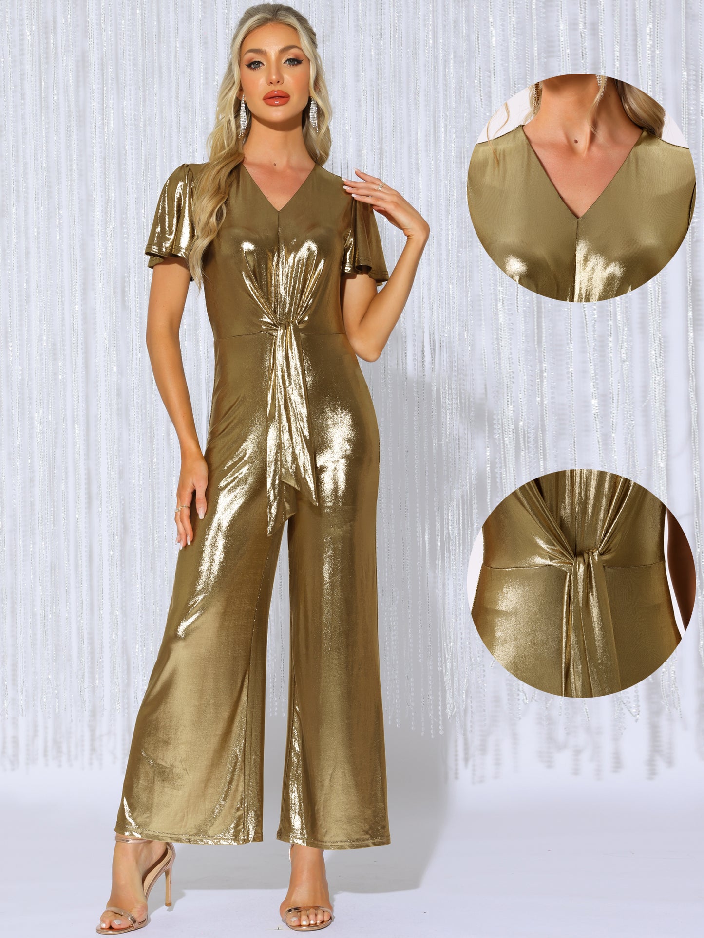 Women's V Neck Short Sleeve Self Tie Front Jumpsuit