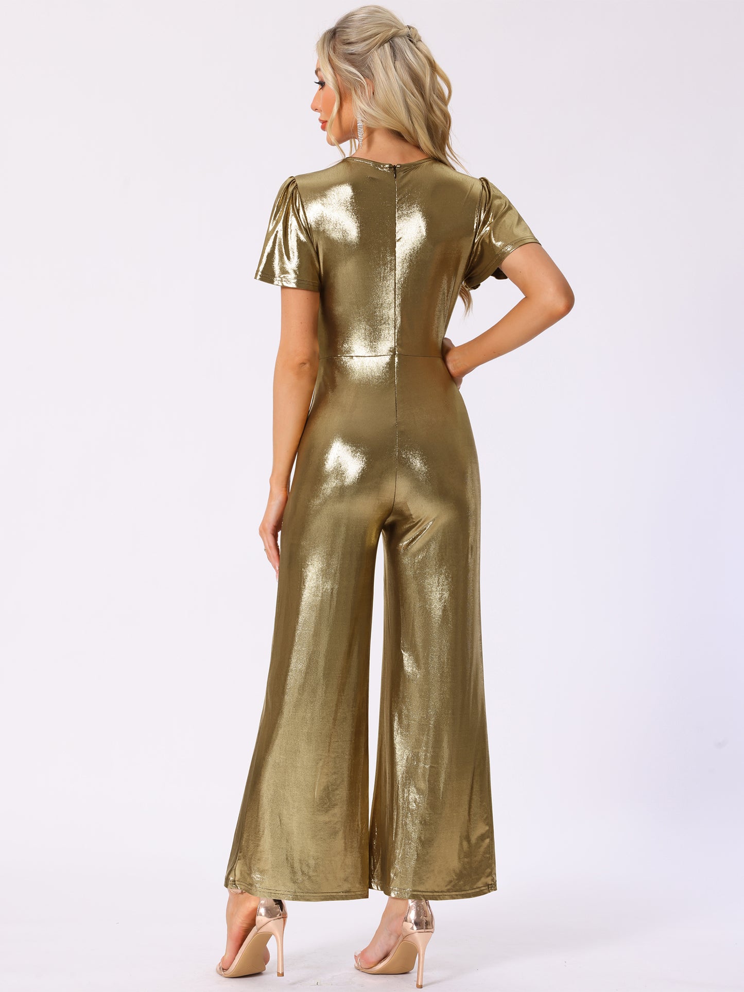 Women's V Neck Short Sleeve Self Tie Front Jumpsuit