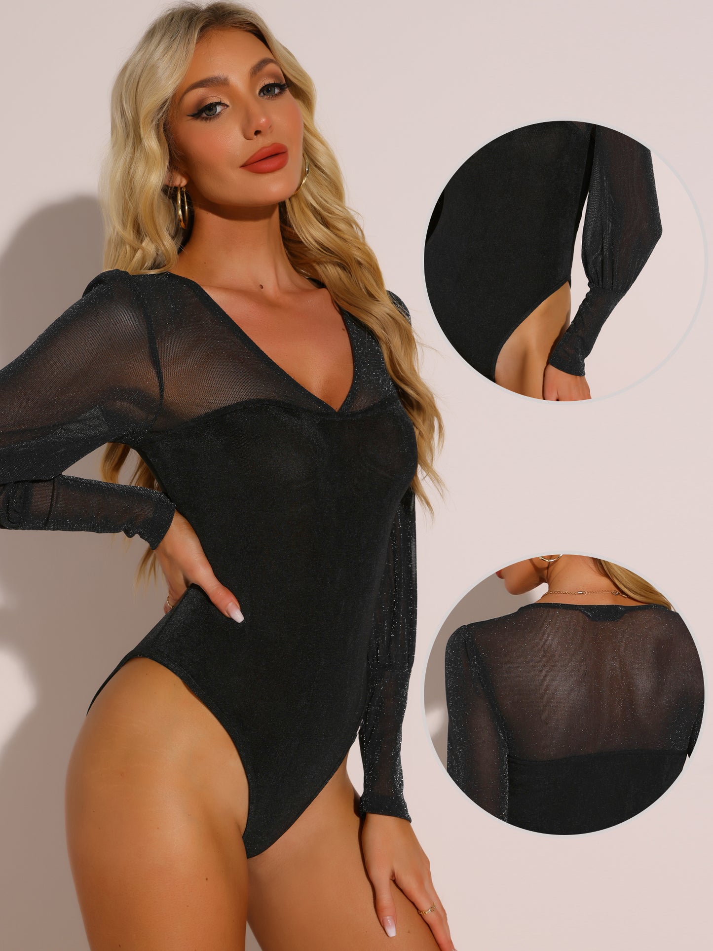 Women's Glitter Bodysuit Lantern Sleeve Concert Party Mesh Top