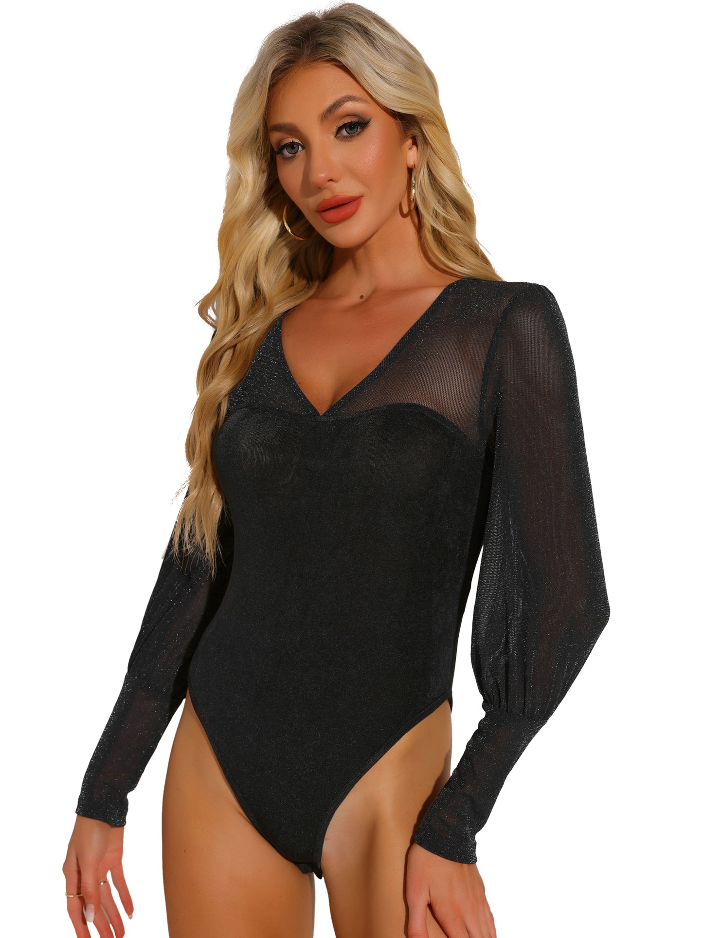 Women's Glitter Bodysuit Lantern Sleeve Concert Party Mesh Top