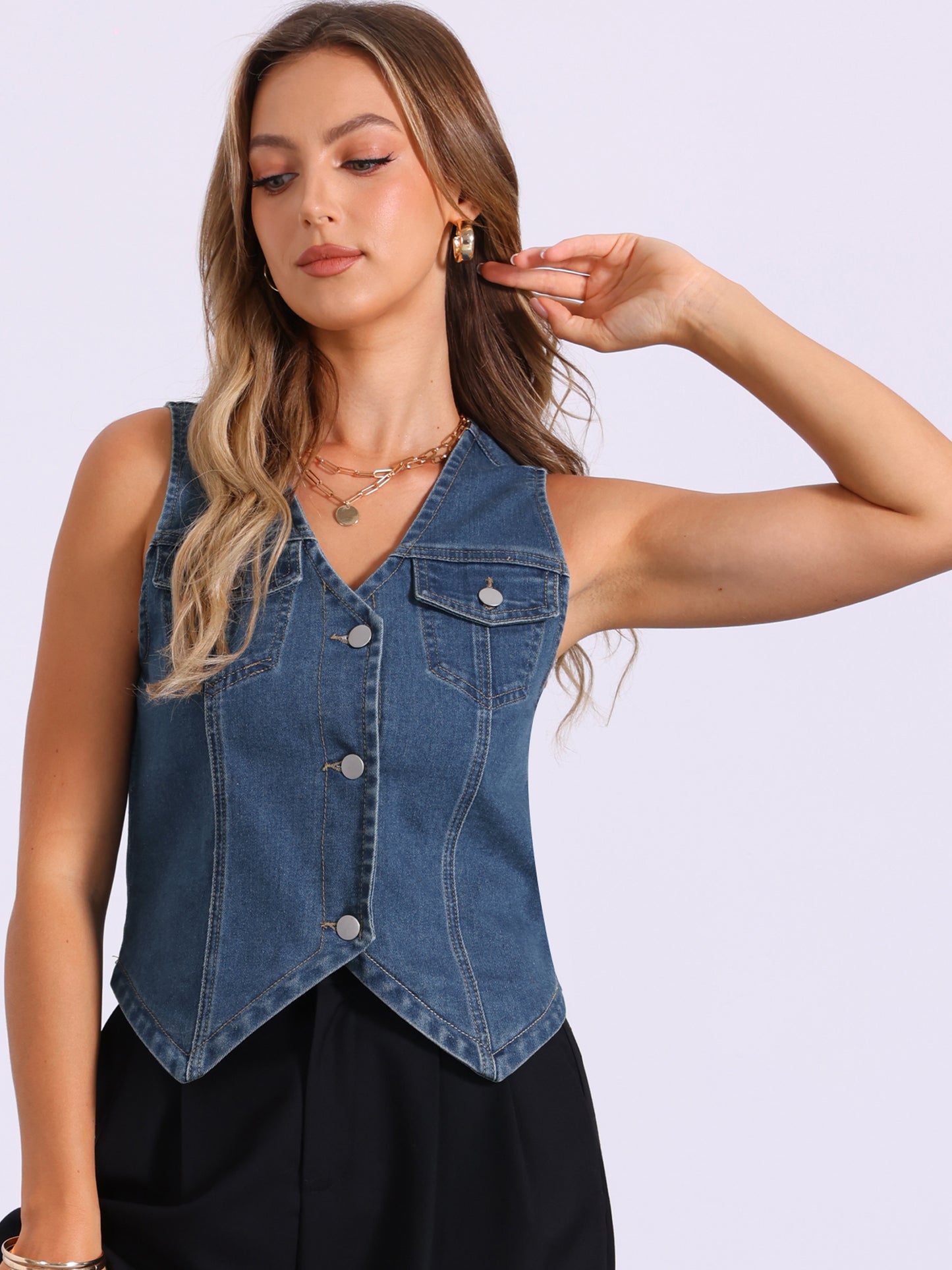Women's Denim Vest Jacket Sleeveless V Neck Button Down Casual Jean with Pockets Top