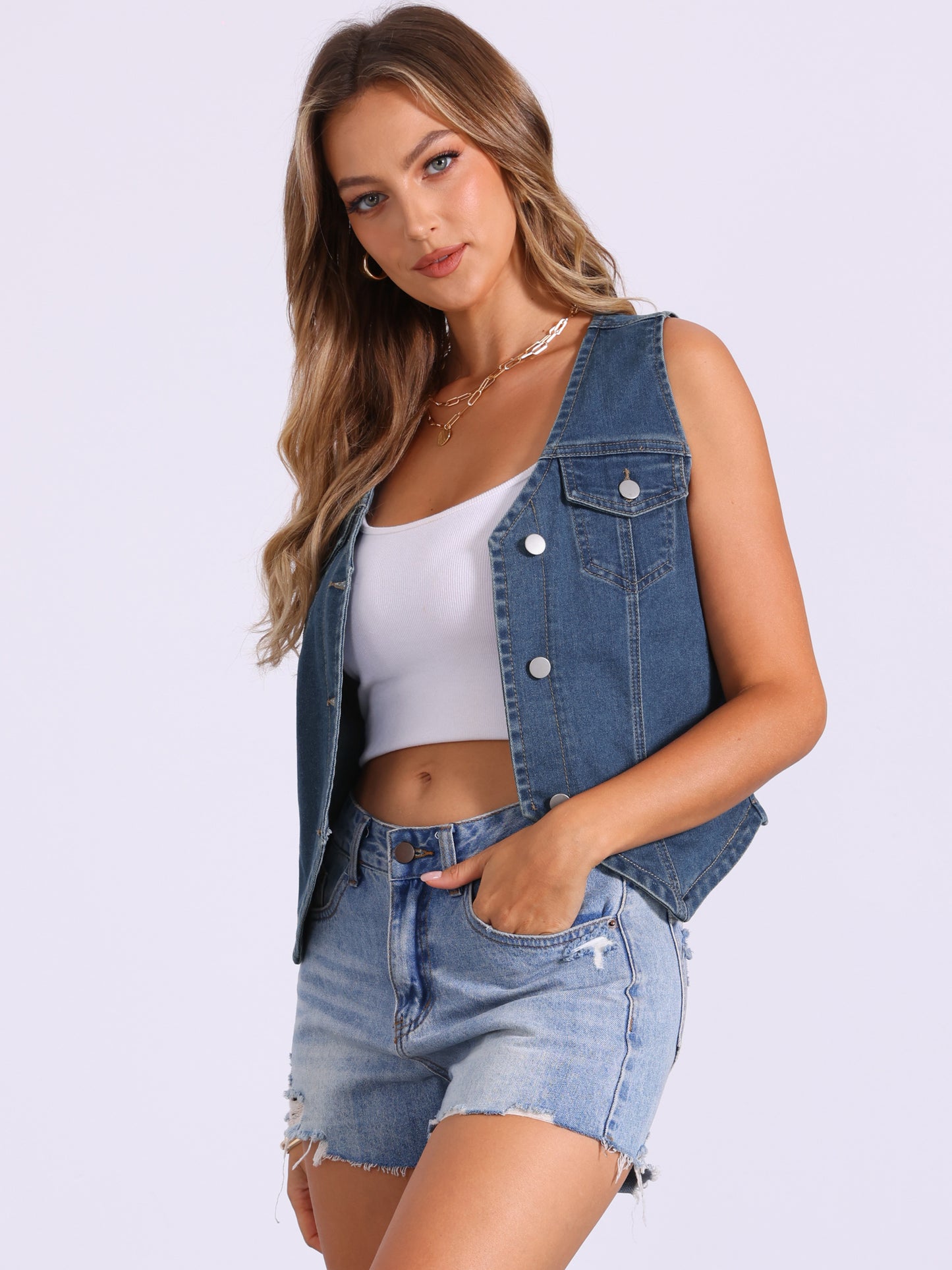 Women's Denim Vest Jacket Sleeveless V Neck Button Down Casual Jean with Pockets Top