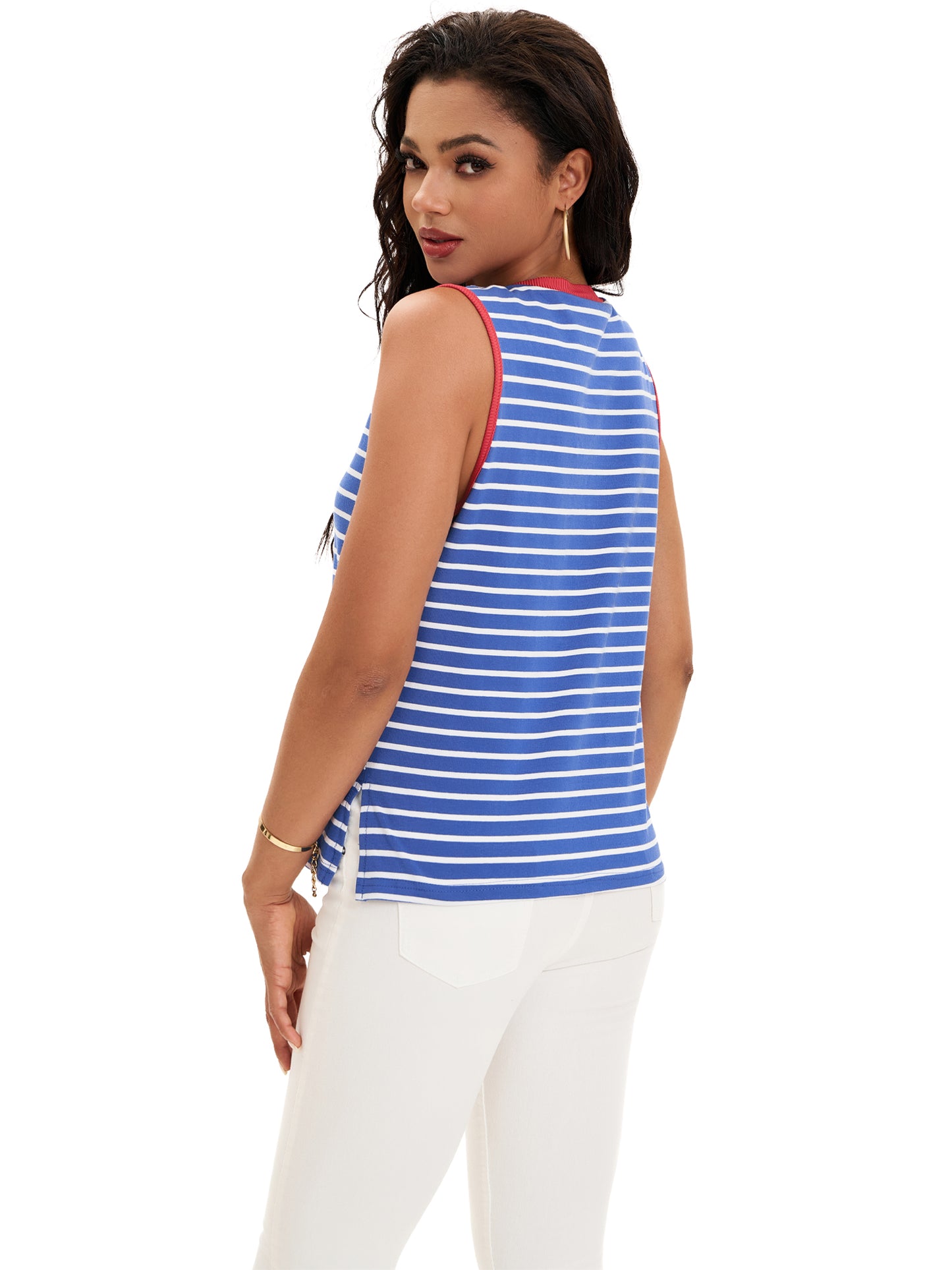 Women Summer Color Block Striped Crewneck Camisole Top Sleeveless Flowy Side Slit Tank Top