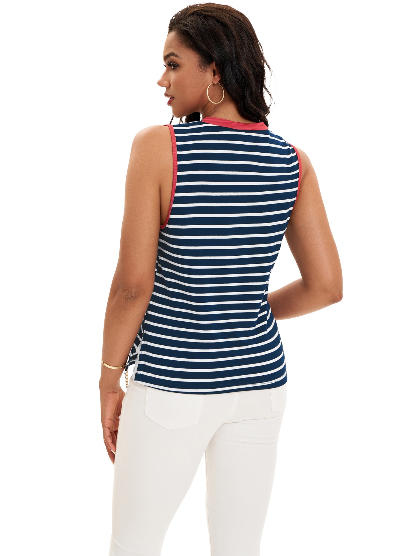 Women Summer Color Block Striped Crewneck Camisole Top Sleeveless Flowy Side Slit Tank Top