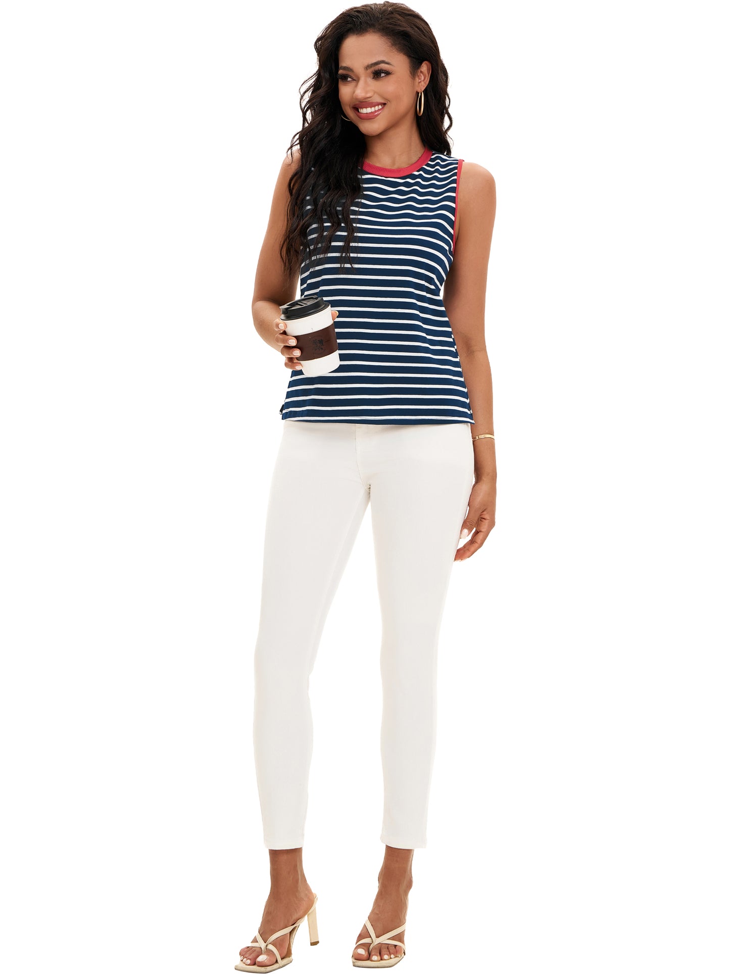 Women Summer Color Block Striped Crewneck Camisole Top Sleeveless Flowy Side Slit Tank Top