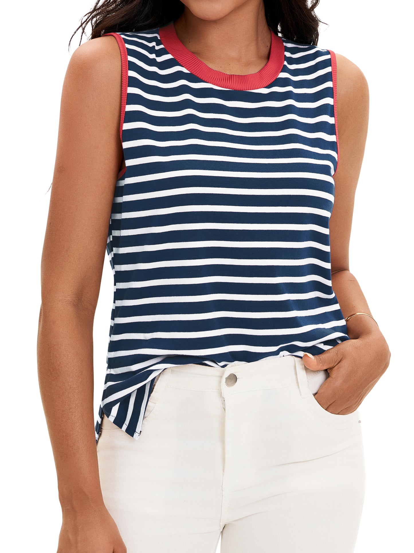 Women Summer Color Block Striped Crewneck Camisole Top Sleeveless Flowy Side Slit Tank Top