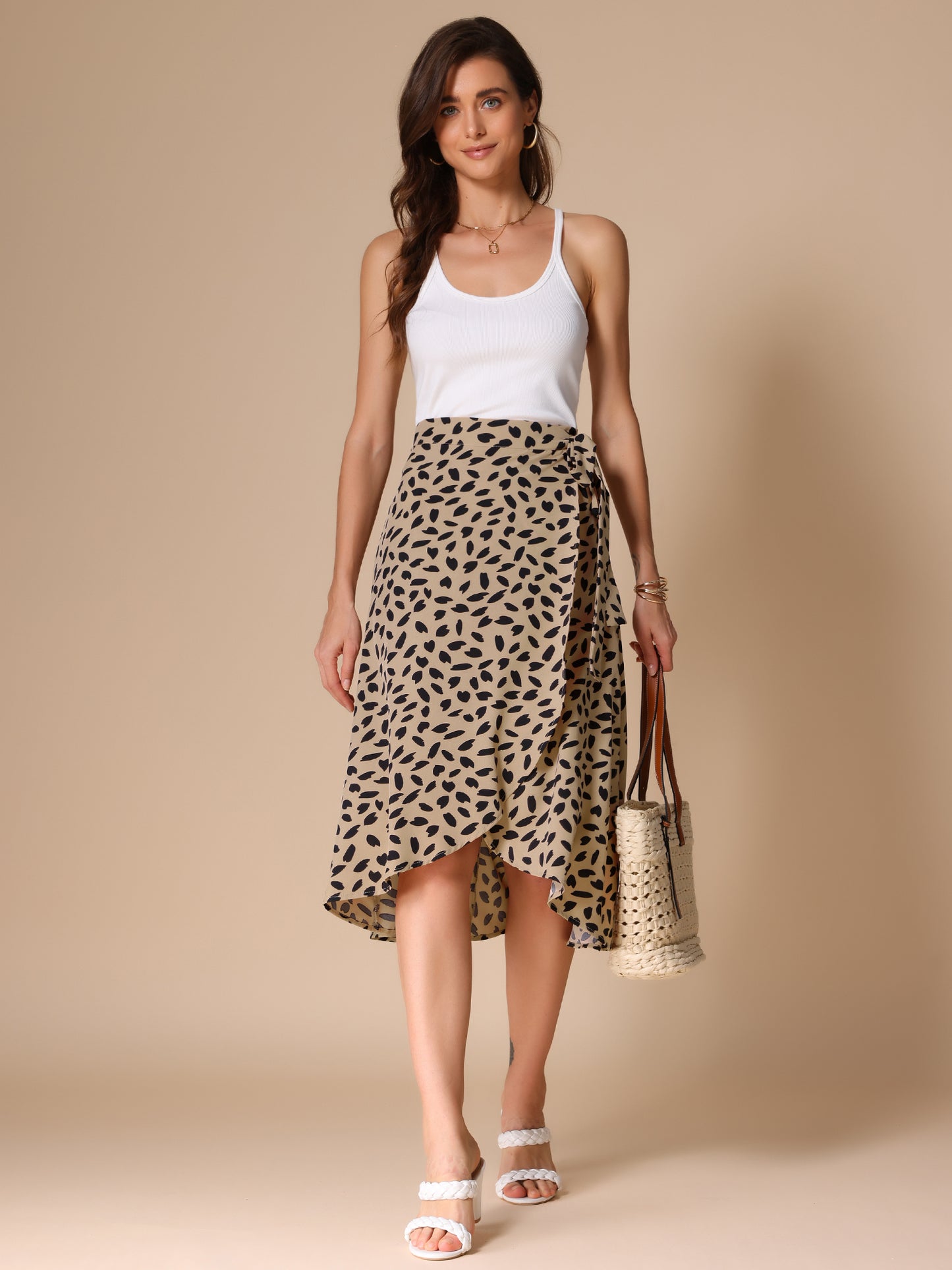Women's Tie Front Split Floral Printed Wrap Midi Skirt