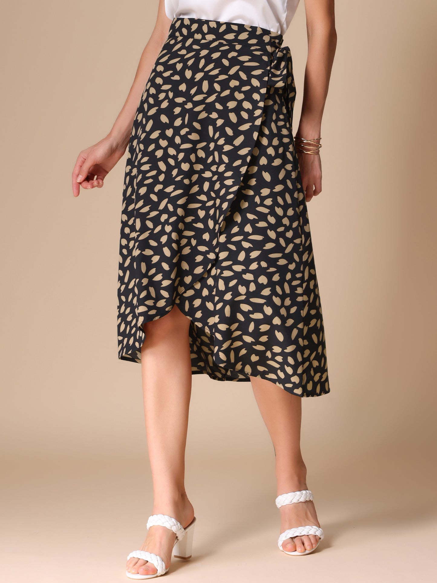 Women's Tie Front Split Floral Printed Wrap Midi Skirt