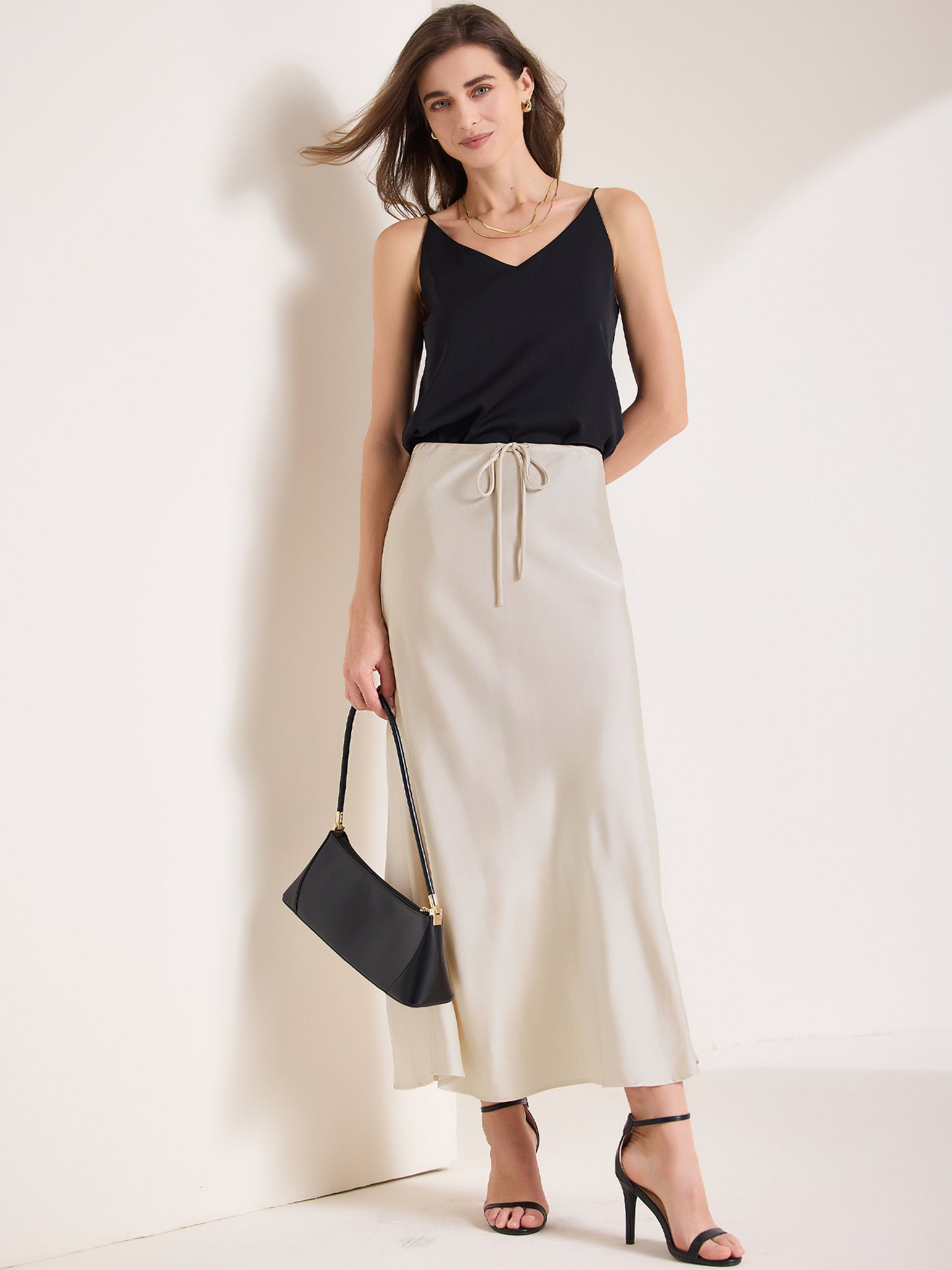 Women's Satin High Waist Drawstring Flared Summer A-Line Maxi Skirt