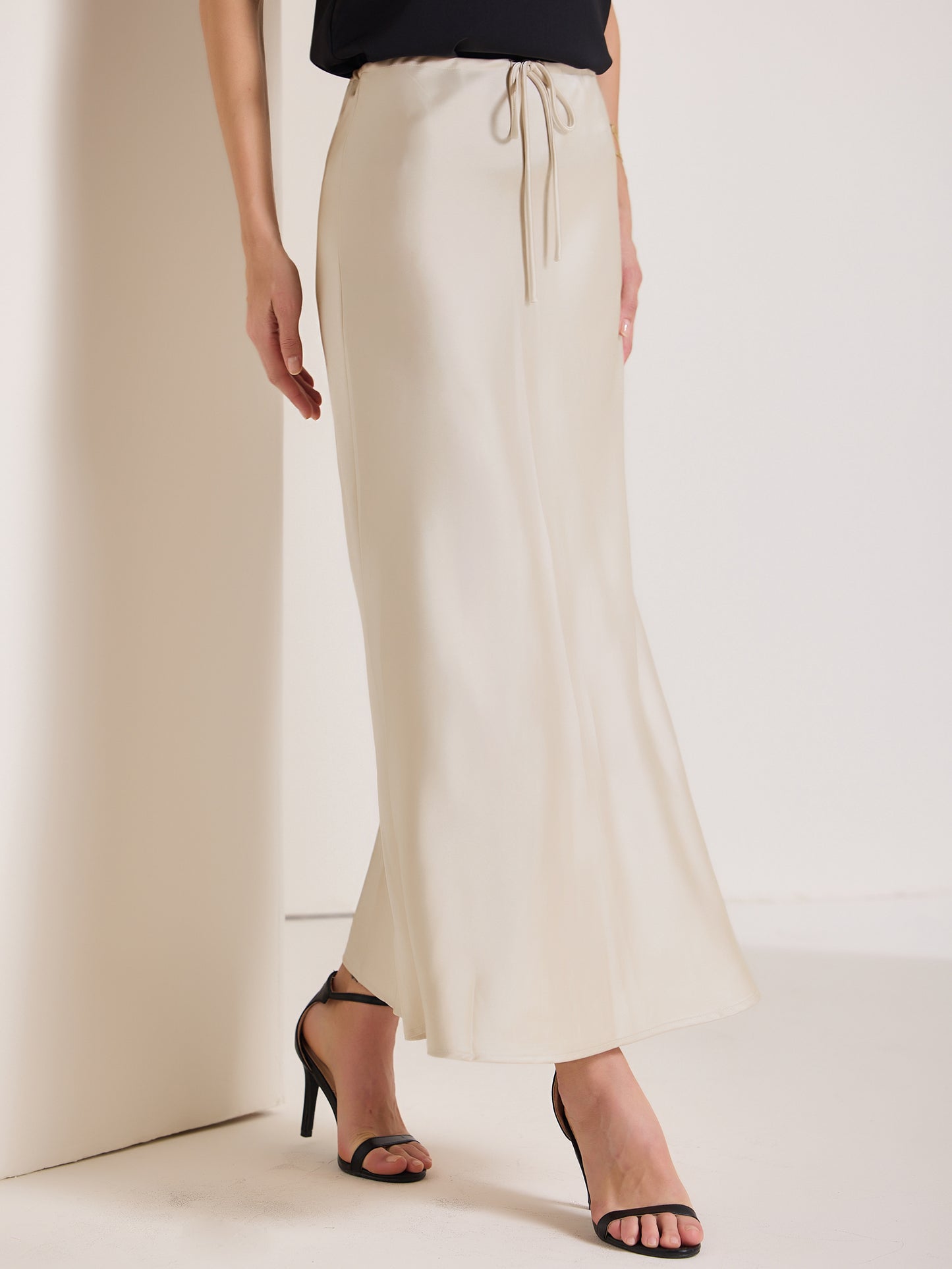 Women's Satin High Waist Drawstring Flared Summer A-Line Maxi Skirt