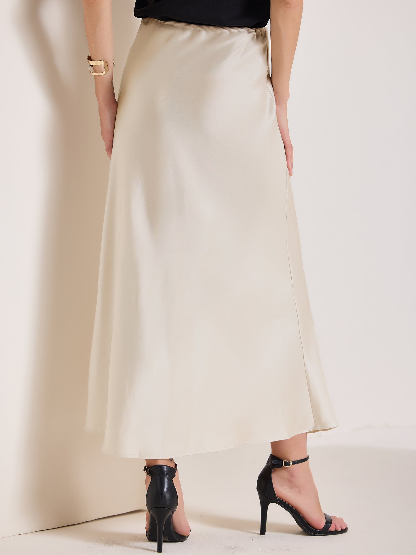 Women's Satin High Waist Drawstring Flared Summer A-Line Maxi Skirt