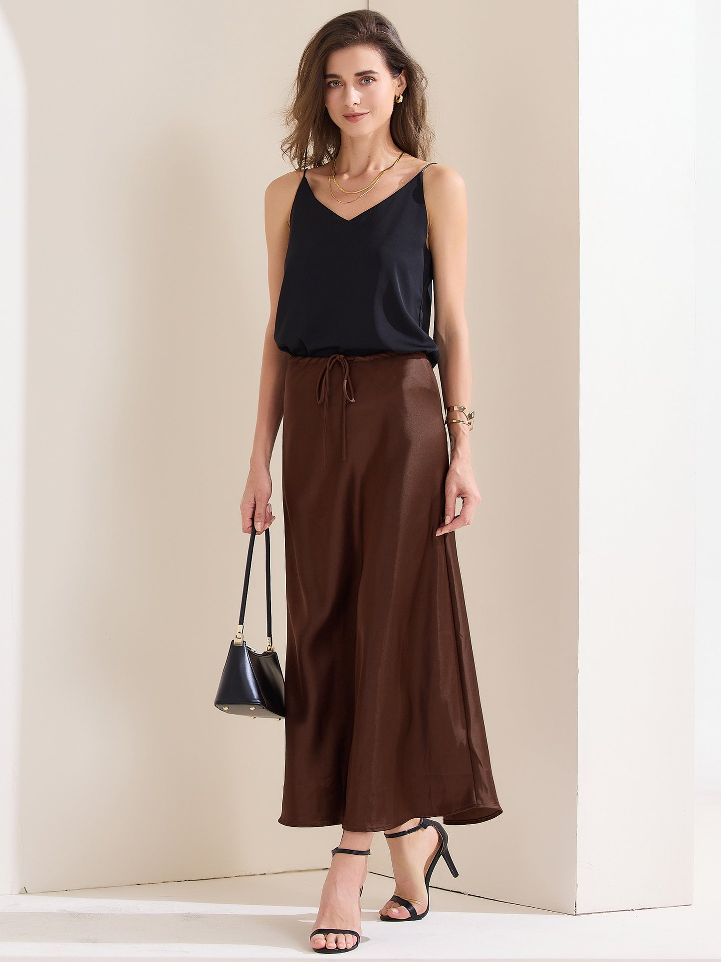 Women's Satin High Waist Drawstring Flared Summer A-Line Maxi Skirt