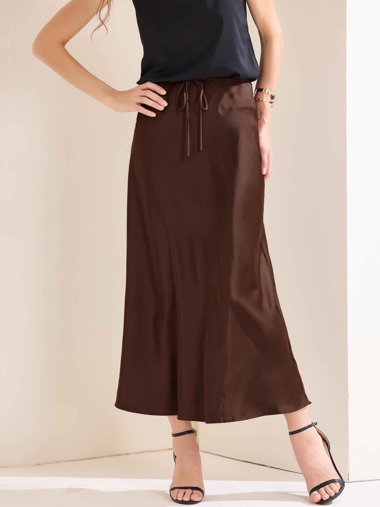 Women's Satin High Waist Drawstring Flared Summer A-Line Maxi Skirt