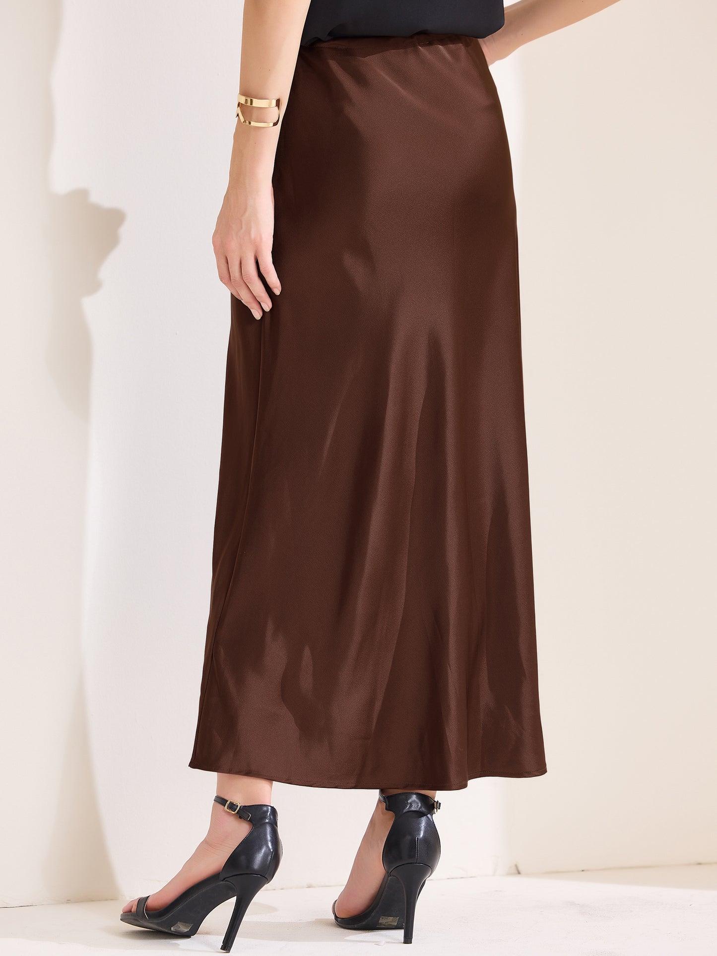 Women's Satin High Waist Drawstring Flared Summer A-Line Maxi Skirt