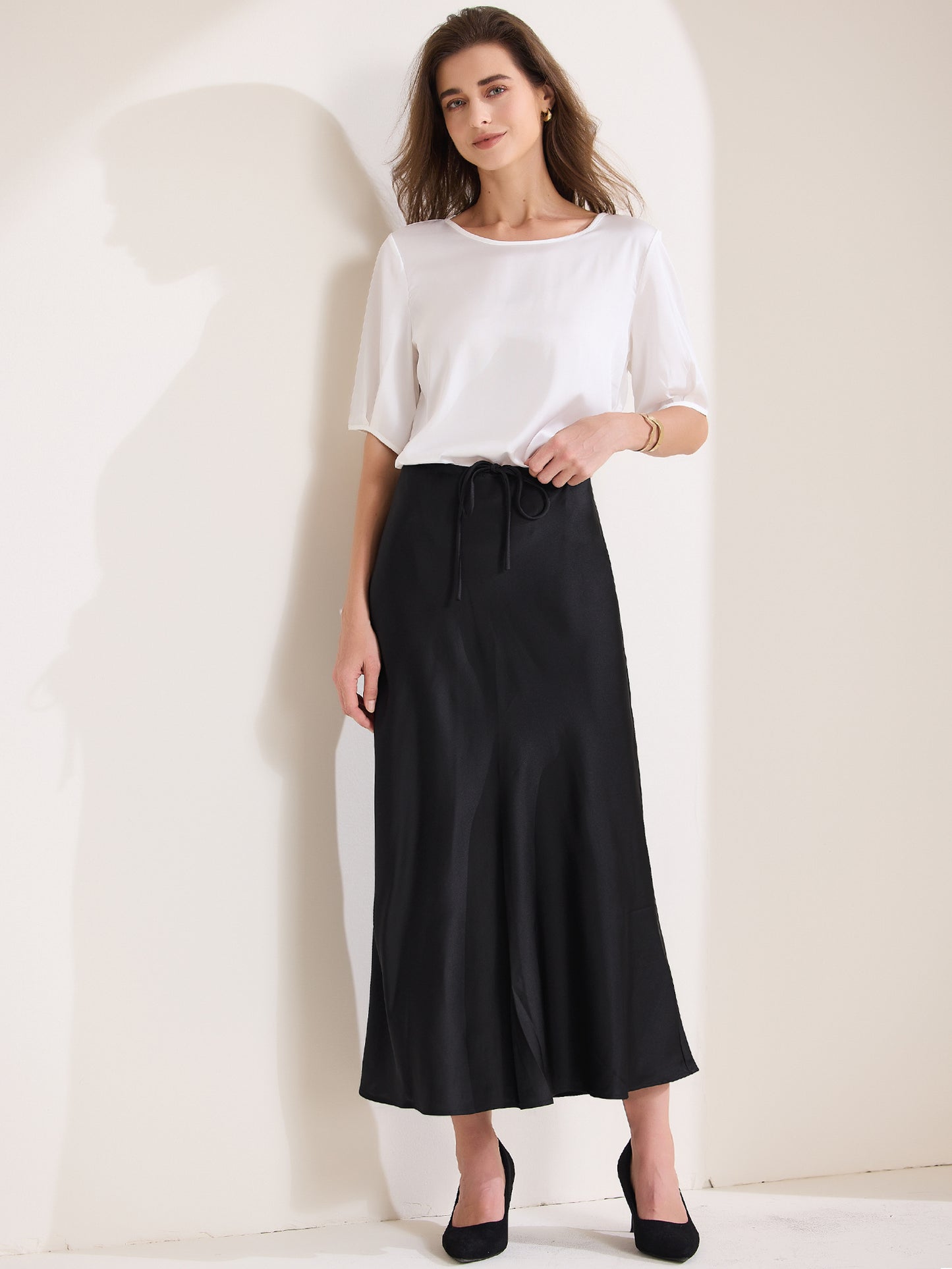 Women's Satin High Waist Drawstring Flared Summer A-Line Maxi Skirt