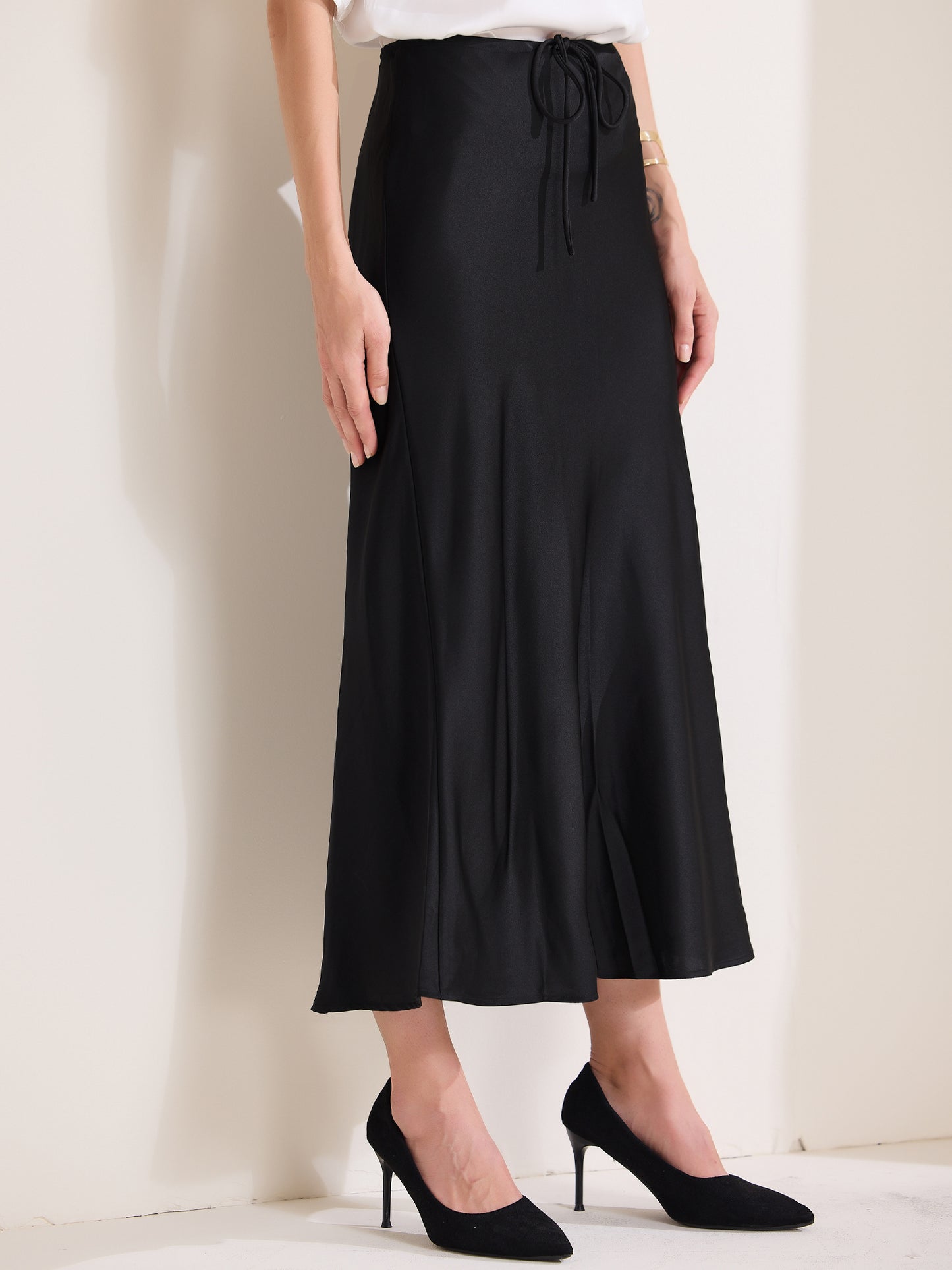 Women's Satin High Waist Drawstring Flared Summer A-Line Maxi Skirt